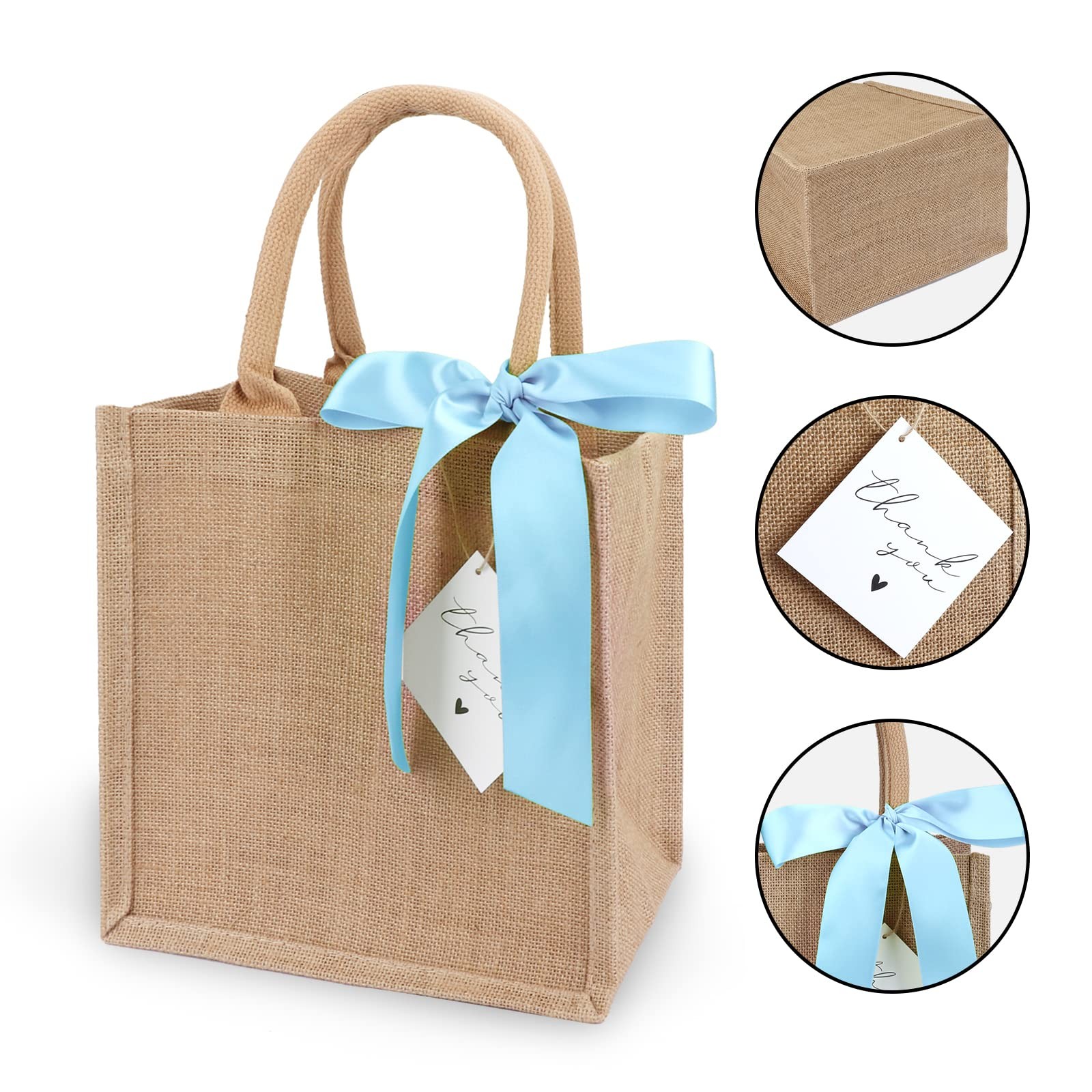 6 Pack Burlap Tote Bags with Handles Reusable Small Jute Gift Bags with Blue …
