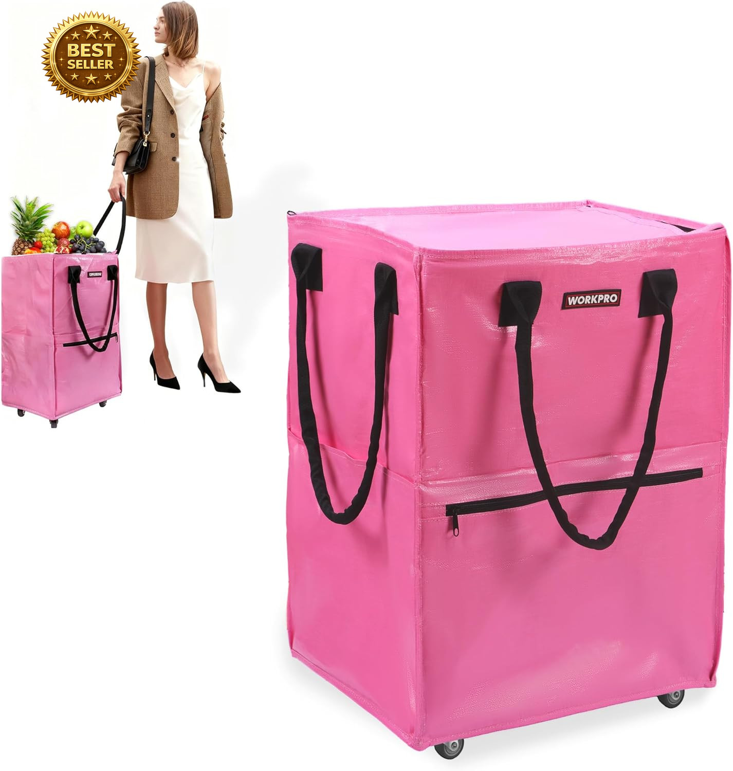 Large Rolling Grocery Bag 36 Gallon 5 Wheels 110lb Tote Laundry Zipper
