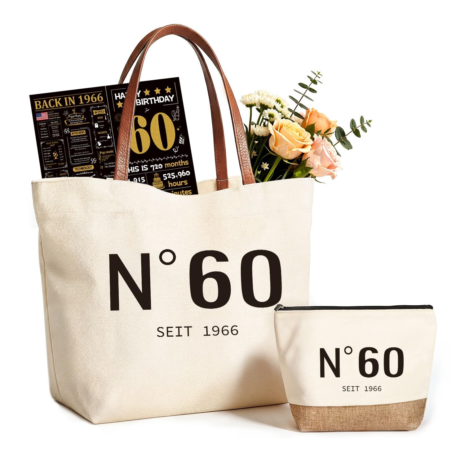 60th Gifts for , Gift Basket Set with Canvas Tote Bag & Makeup Bag, 1966 Birt…