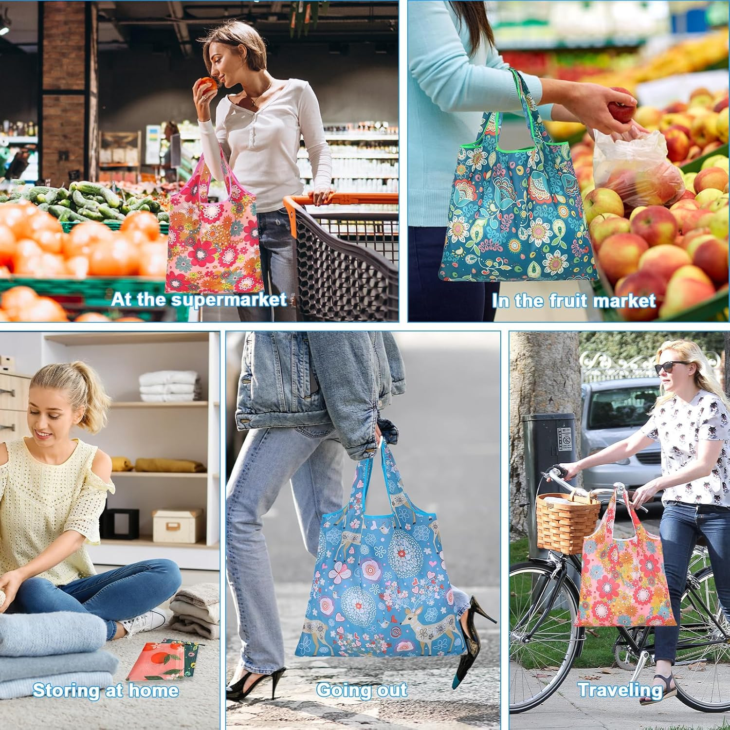 6 Pcs Reusable Shopping Bags Foldable, Machine Washable Shopping Grocery Bags in