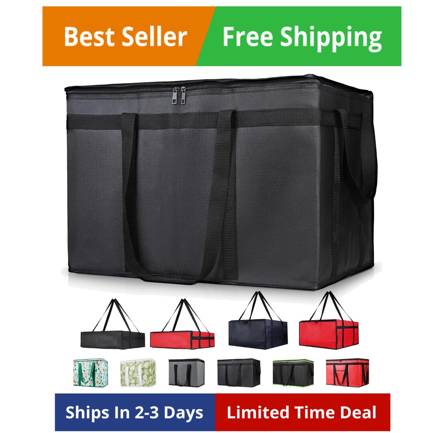 XXXL Insulated Grocery Cooler Tote Bag 22X14X13, Black, 1-Pack
