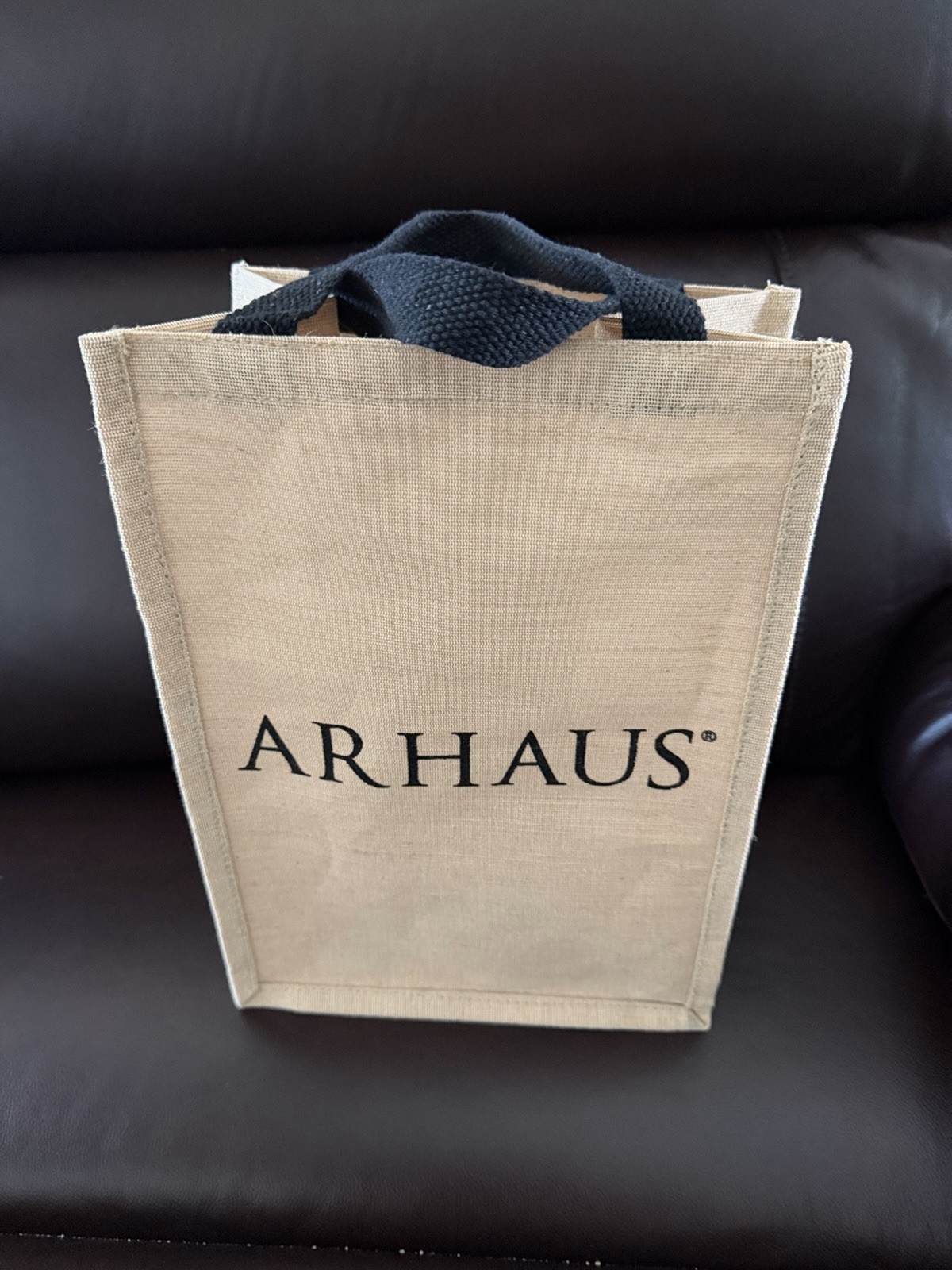 NWOT ARHAUS Jute Beige Tan Black Logo Reusable Shopping Gift Bag 13″x9.5””x7”
