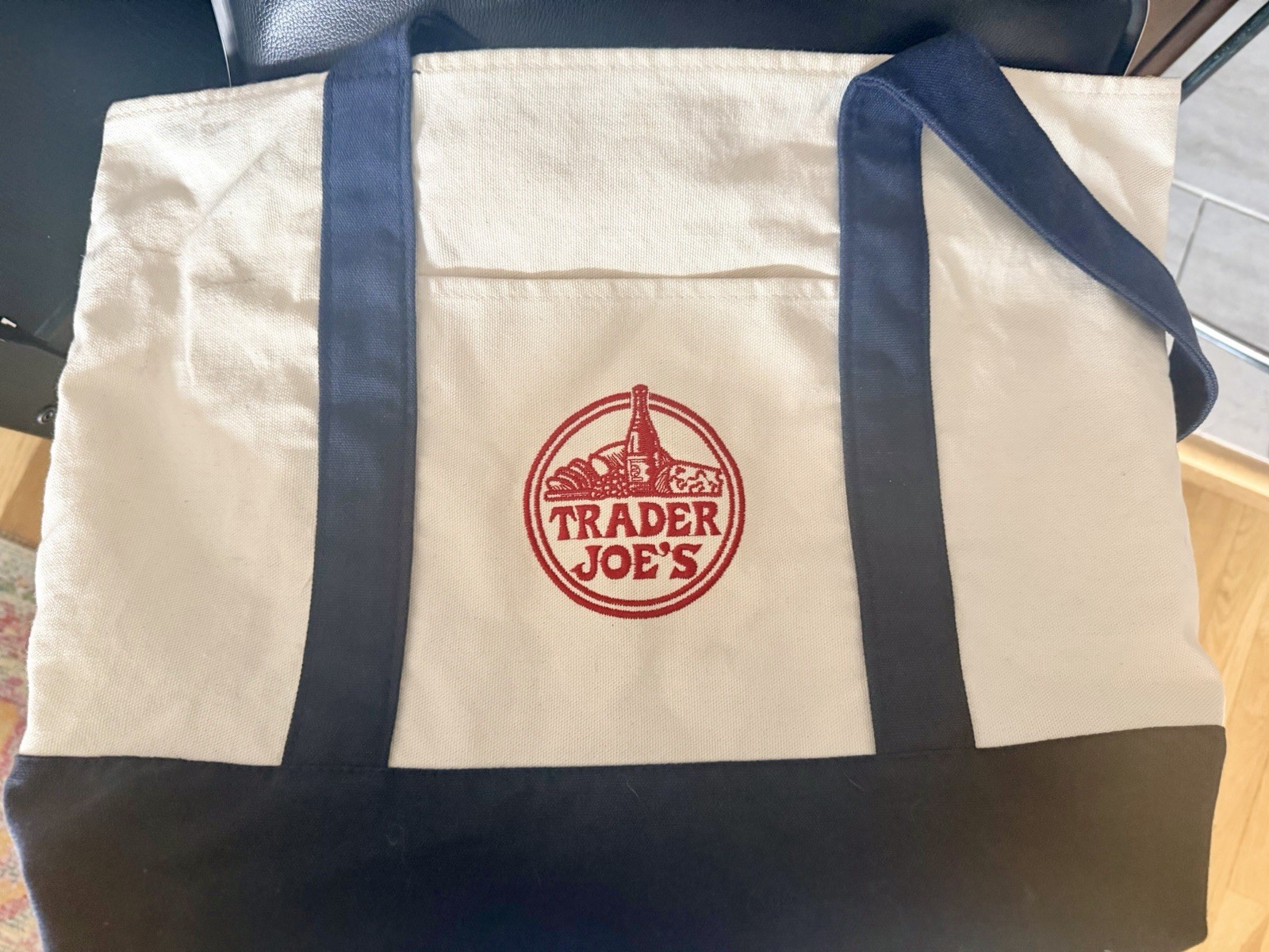 Trader Joe’s Large Canvas Tote Bags (2) Logo Beige Blue Red 18x14x6 in