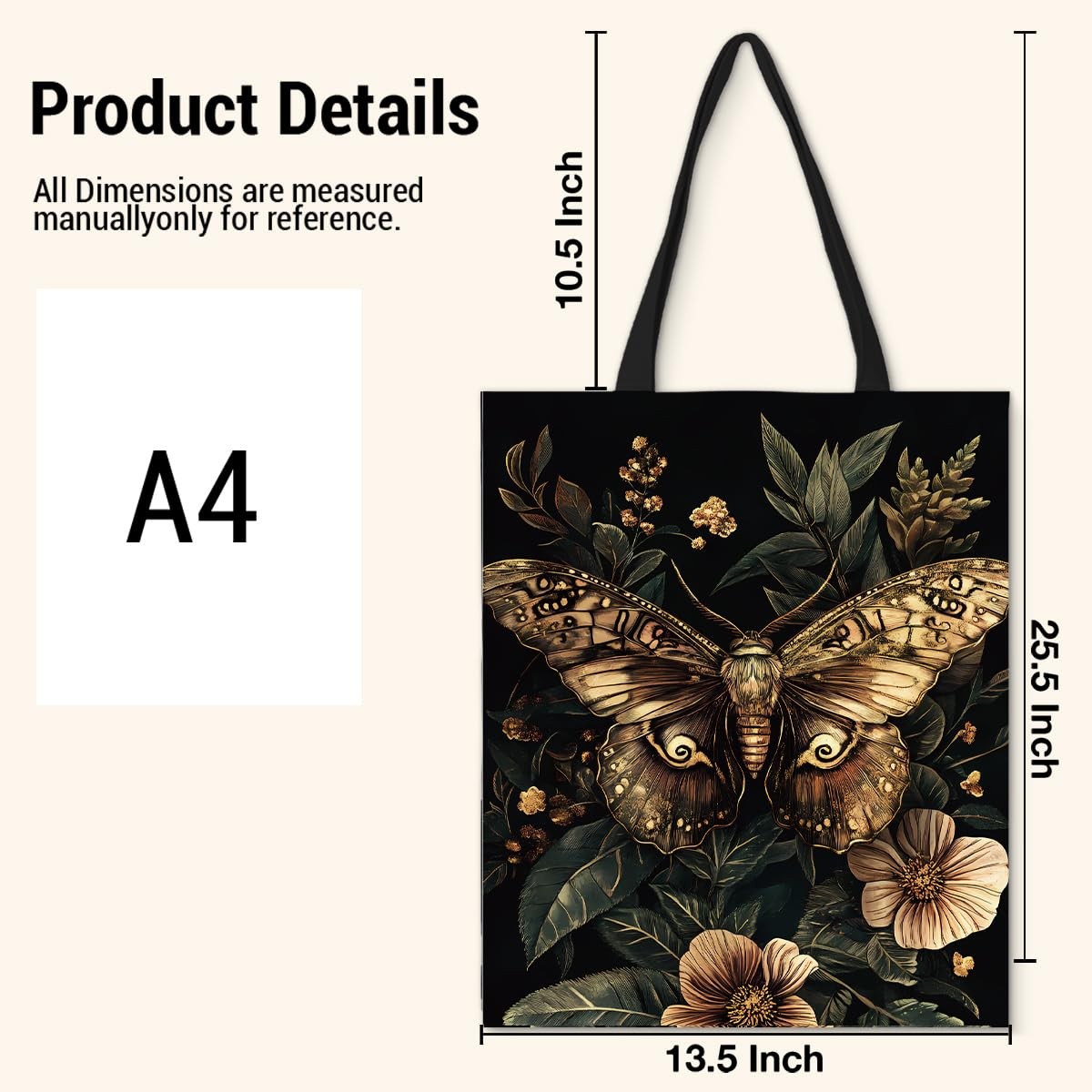 Witchy Floral Moth Print Canvas Tote Bag for Moth Dark Goth Reusable Grocery …