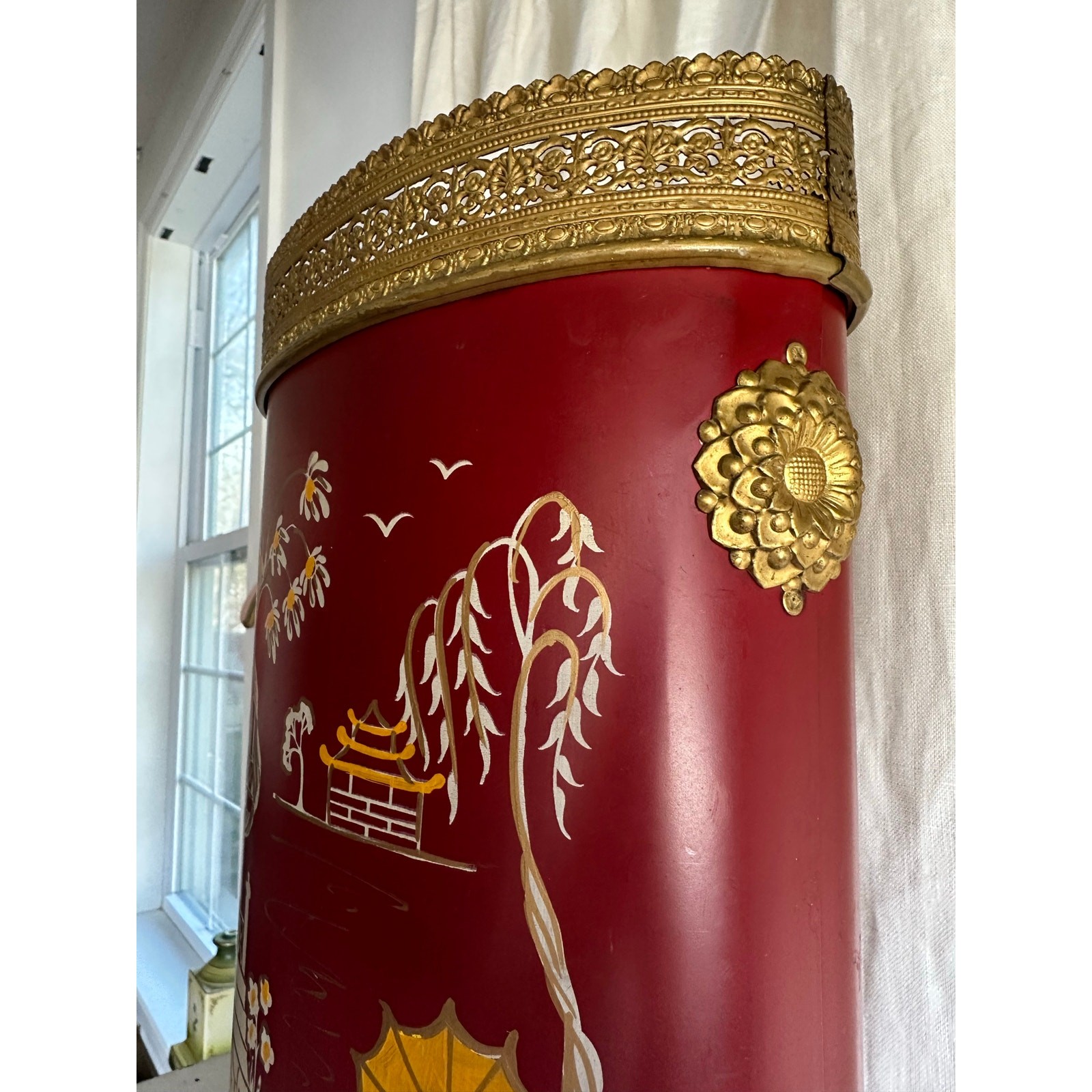 Vintage Hand Painted Trash Can Metal pagoda Chinoiserie tole burgundy red gold