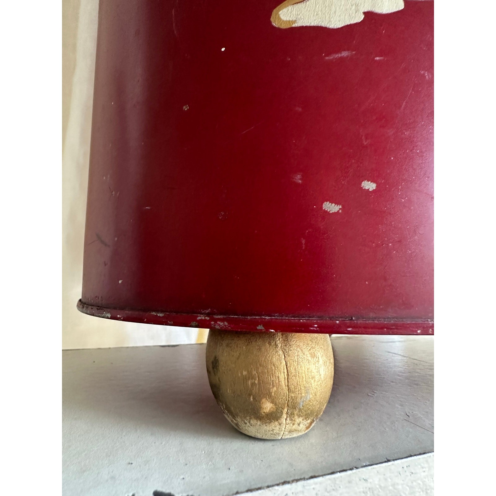 Vintage Hand Painted Trash Can Metal pagoda Chinoiserie tole burgundy red gold