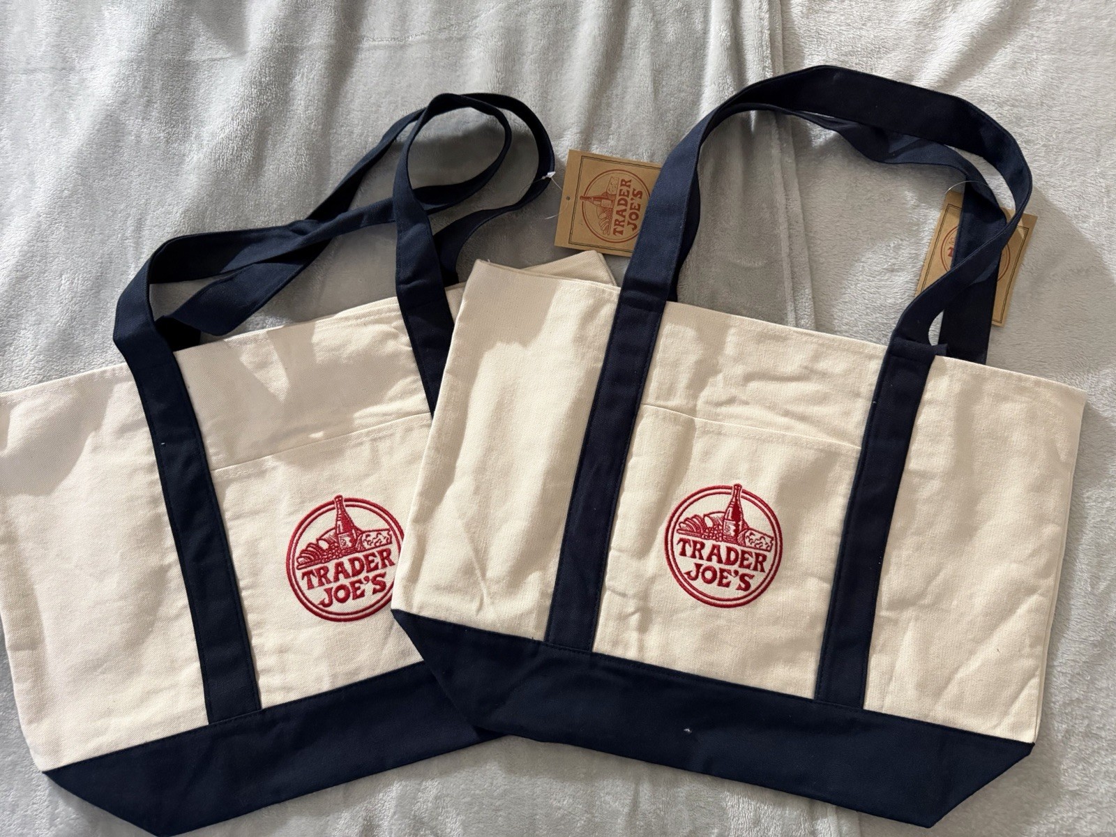 Trader Joe’s Canvas Reusable Shopping Bagss, Foldable, Beige Navy Red