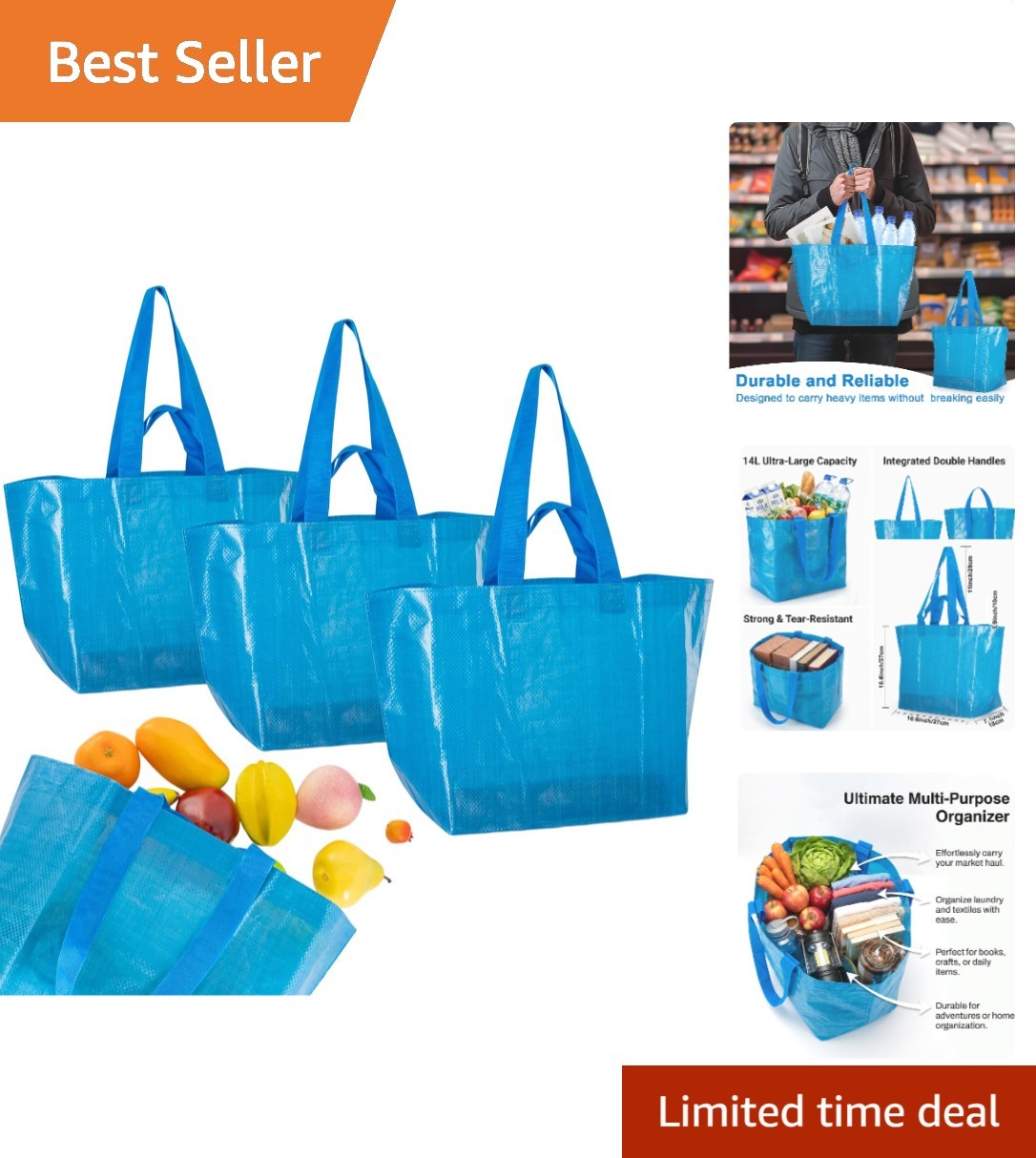 Collapsible Reusable Grocery Bags Heavy-Duty Shopping Tote Box Reinforced Handle