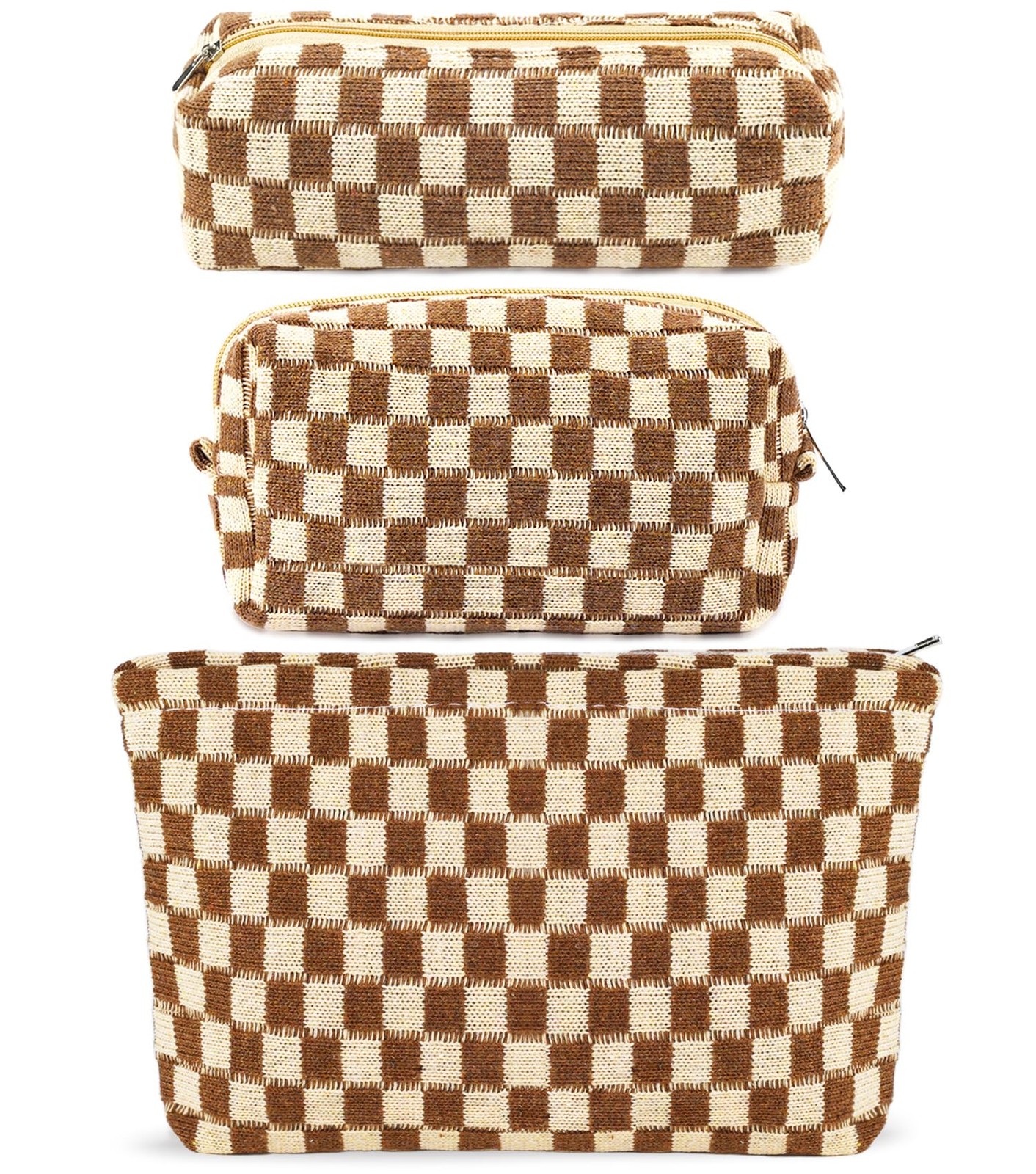 ZLFSRQ 3Pcs Checkered Makeup Bag for Women Large B-Checkered Mix Brown