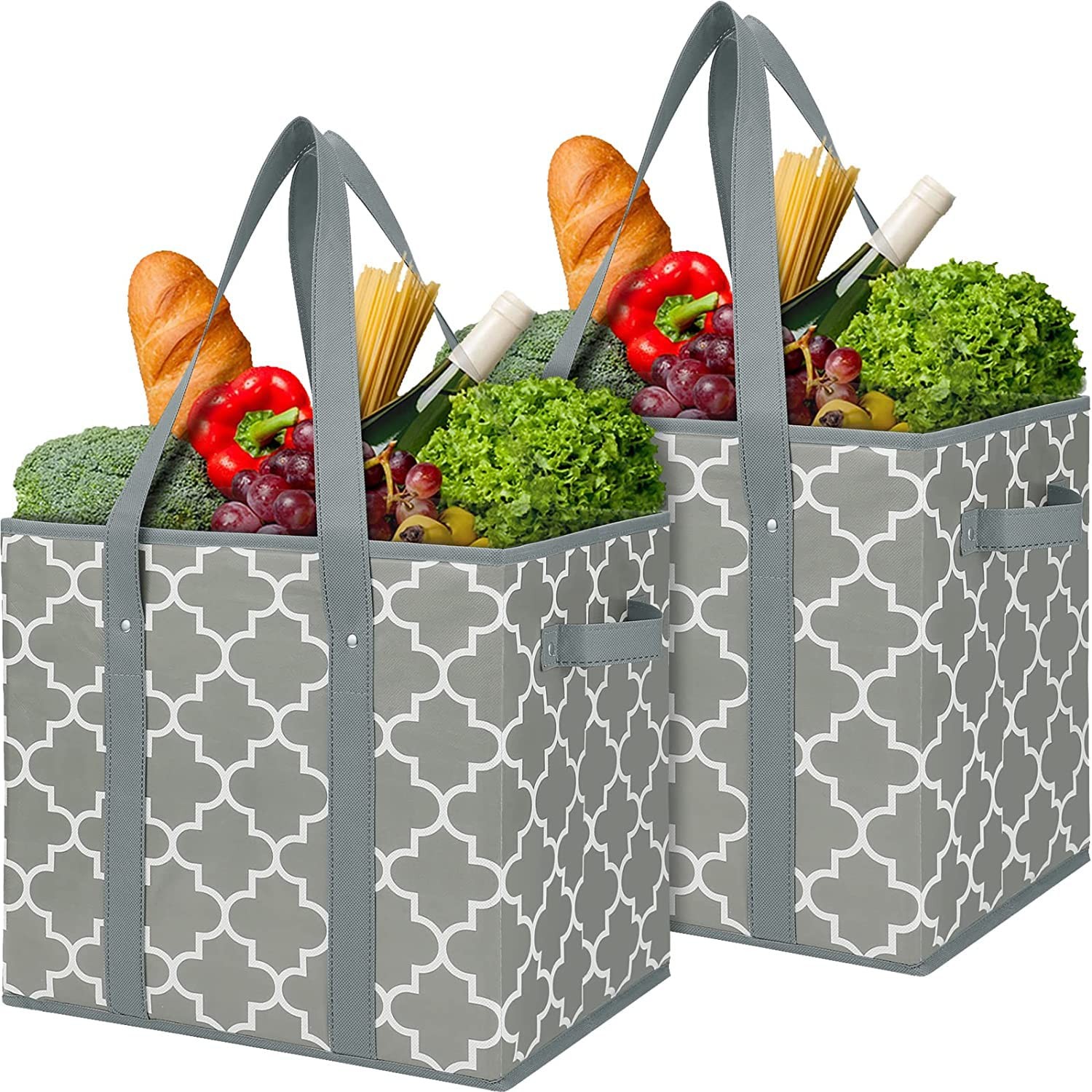 2 PCS Reusable Grocery Bags Foldable Washable Storage Bins Basket Grey