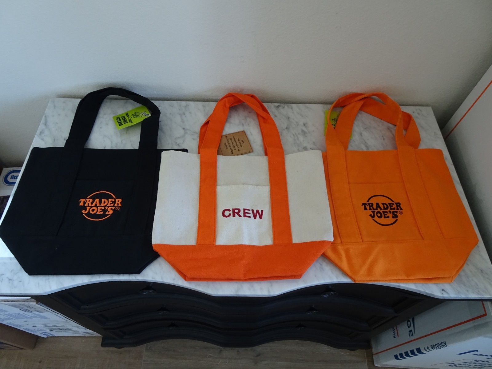 3 Trader Joe’s Mini Canvas Tote Bags ~ Black, Orange & Orange Crew ~ New W/Tag