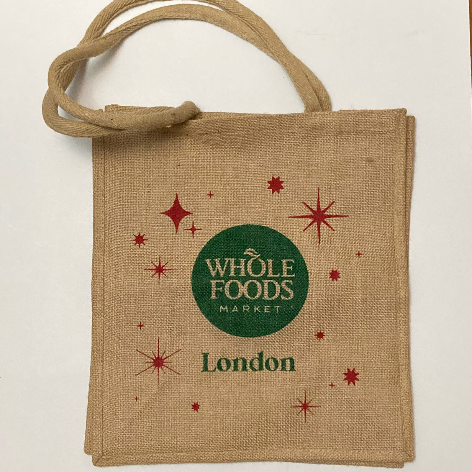 Whole Foods Market London Christmas Jute Tote Bag Holiday Red Star Brown UK New