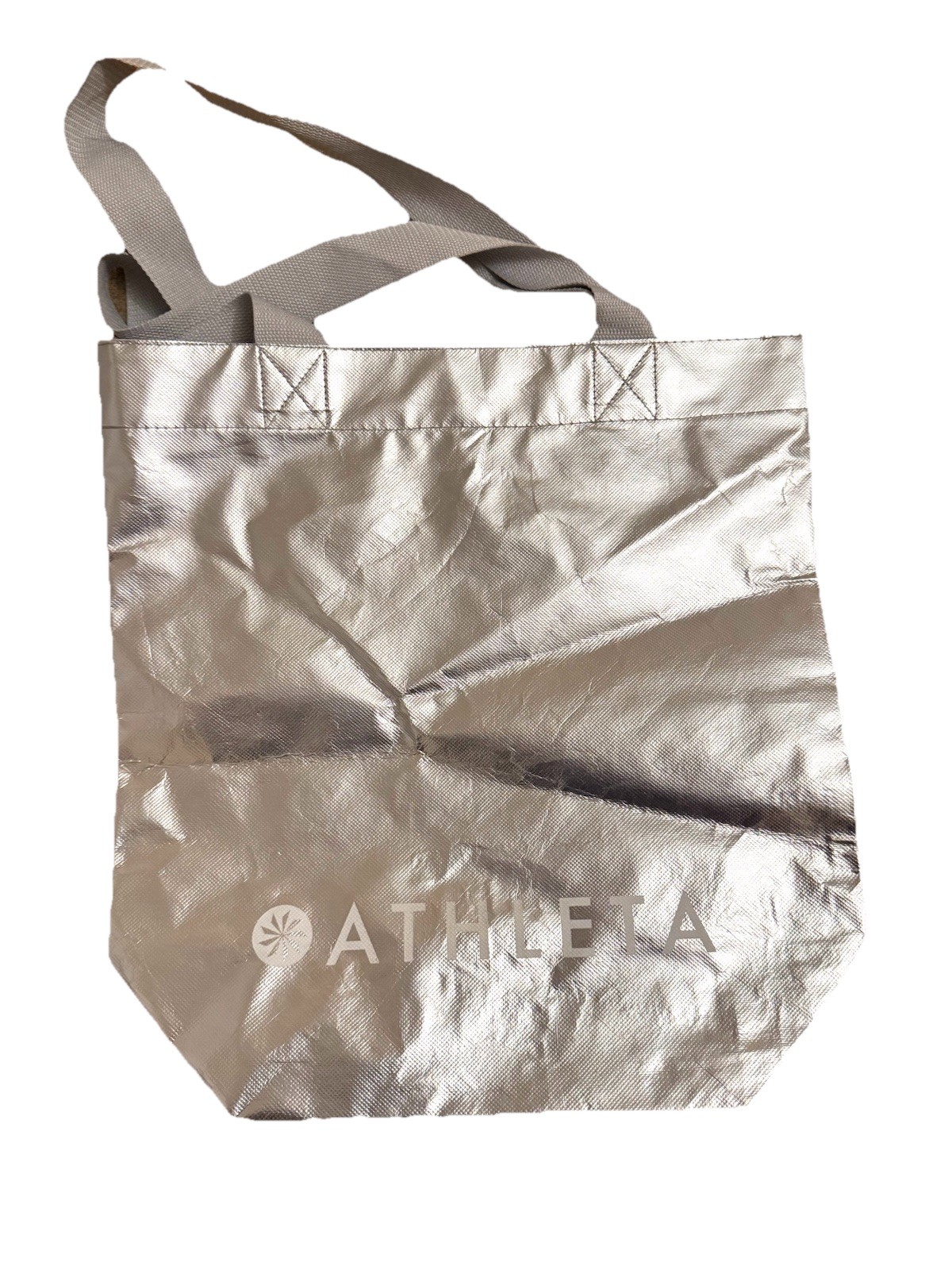 ATHLETA Travel Shopping Reusable Tote Bag Silver Metallic 14”x15” FREE SHIPPING