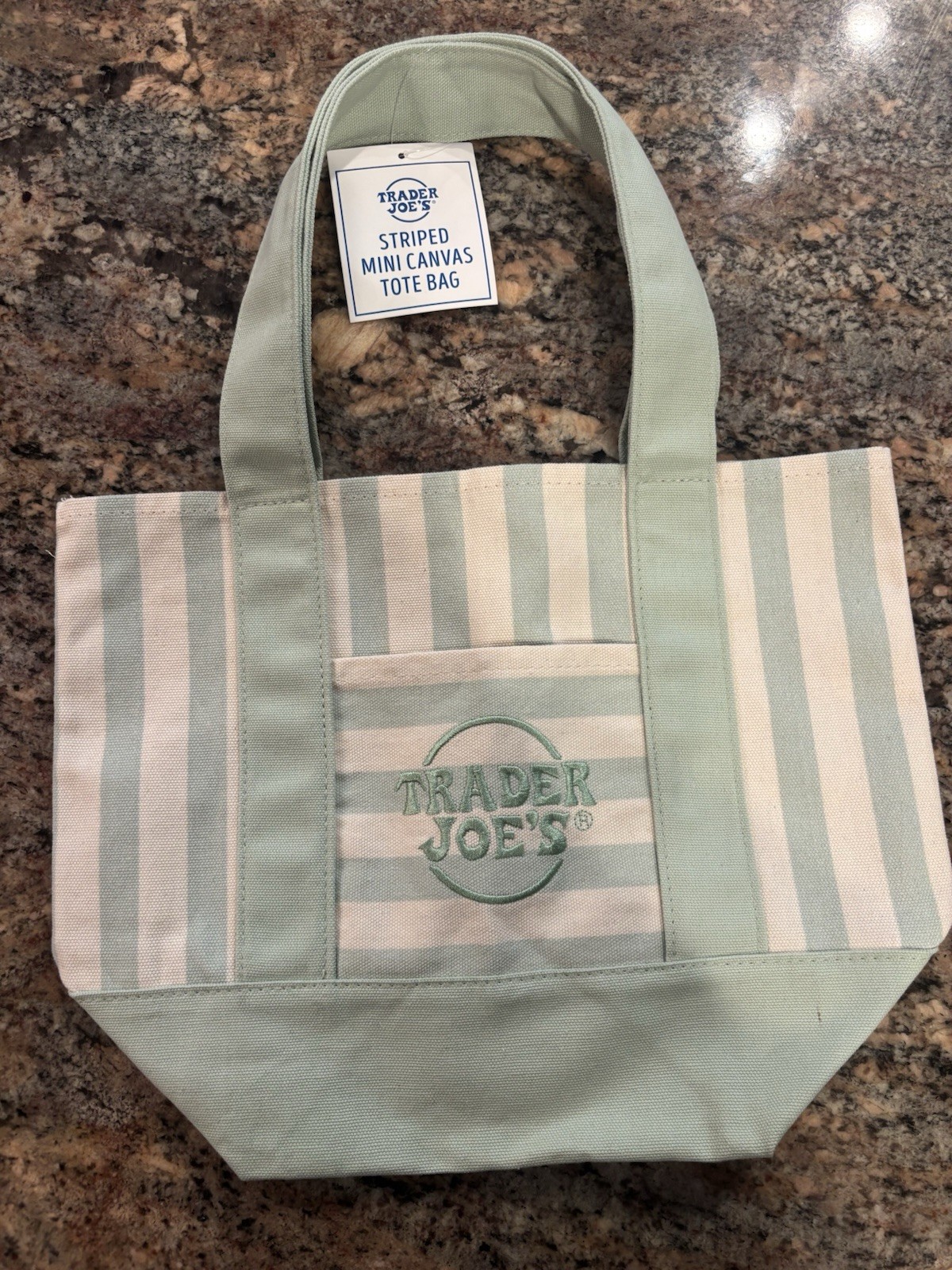 Trader Joe’s Green/White Striped Canvas Tote Bag Mini 13x10x6 Cotton Blend