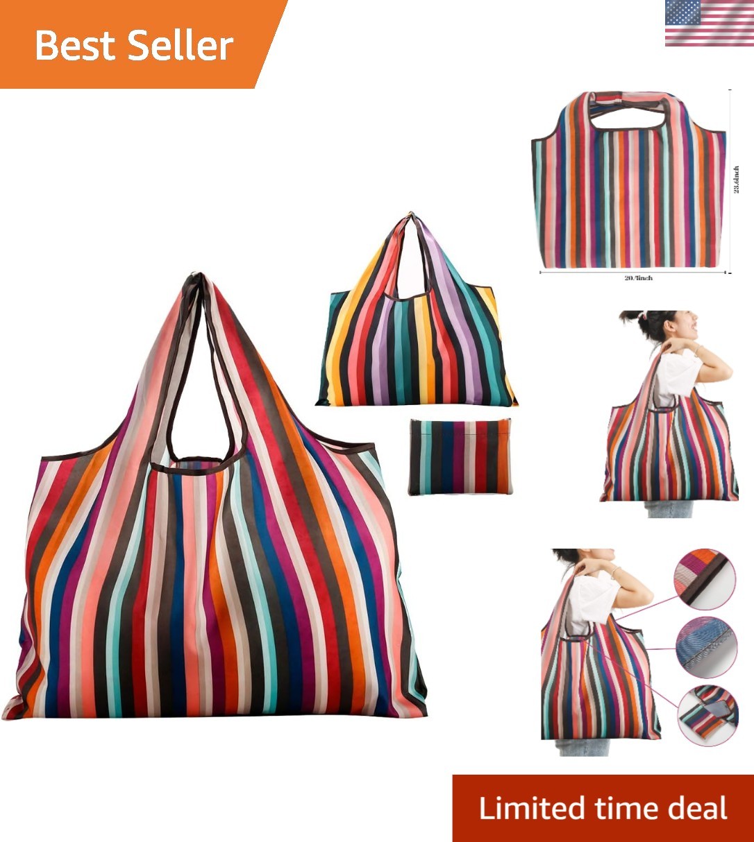 Washable and Eco-Friendly Reusable Grocery Totes – 2-Pack Rainbow Foldable Bags