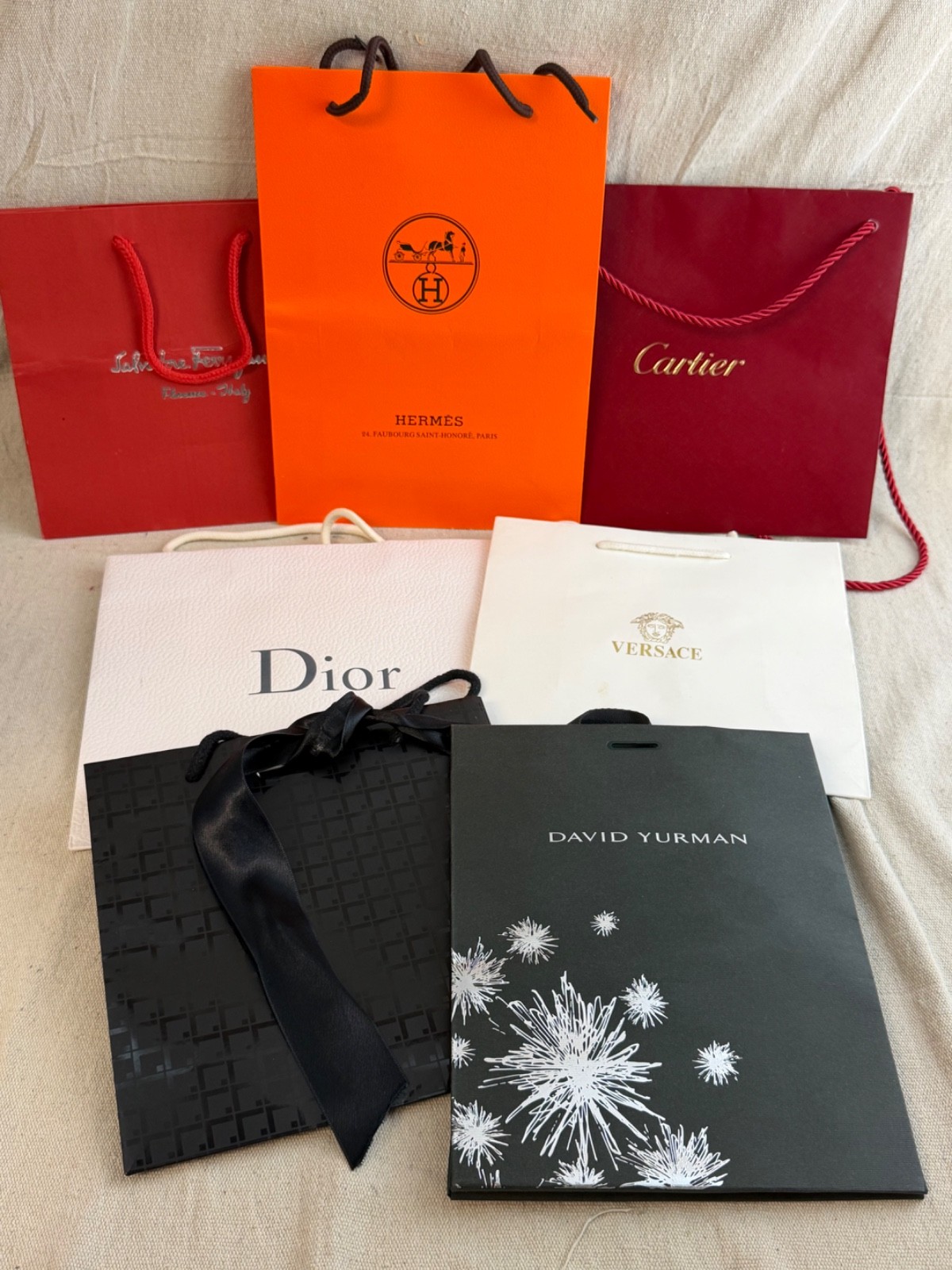 Luxury Designer Shopping Bag Lot (7) – Hermès, Cartier, Christian Dior, Cartier