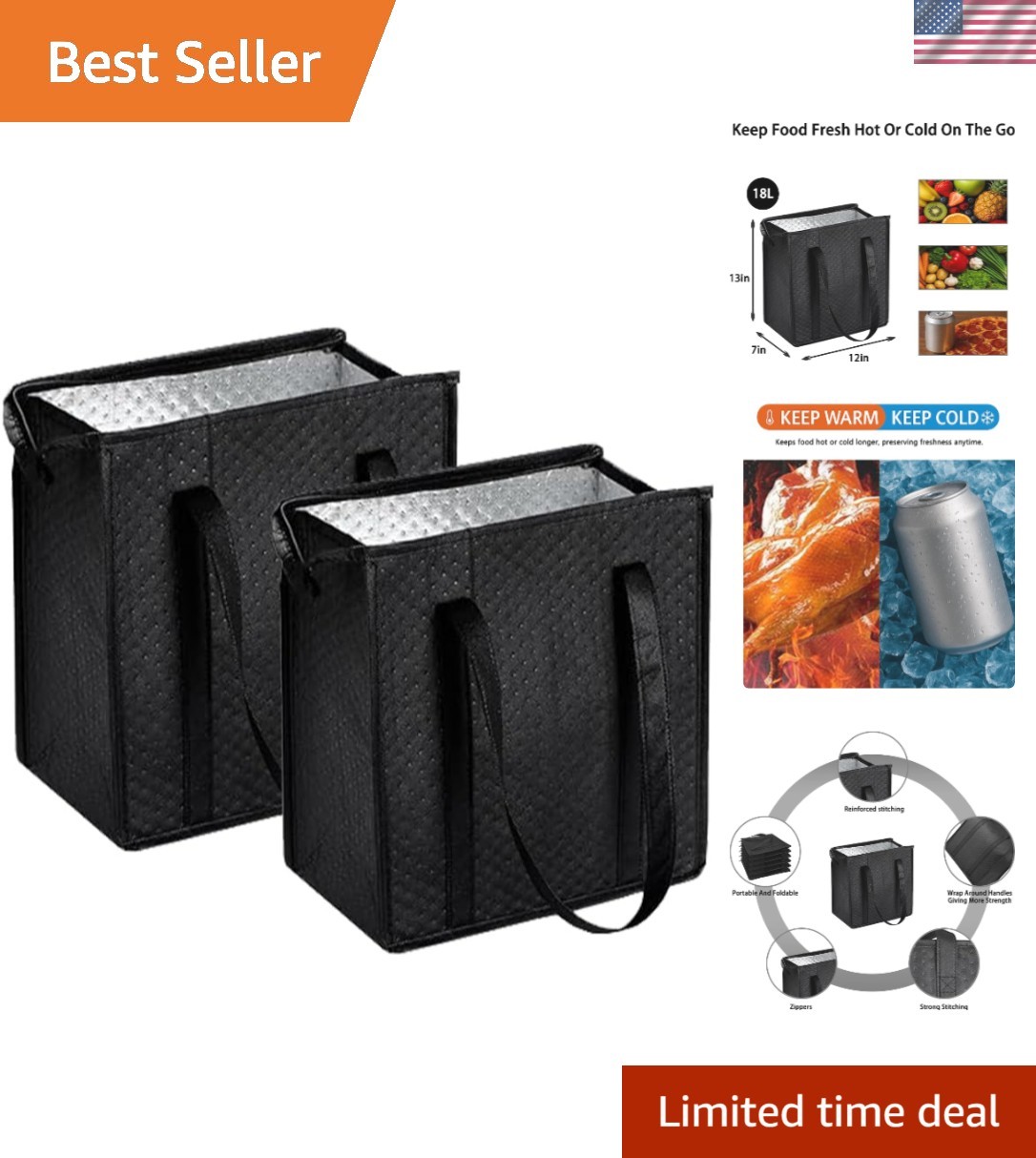 Elegant 18L Insulated Shopping Bag – Foldable Zipper Tote for Hot & Cold Food