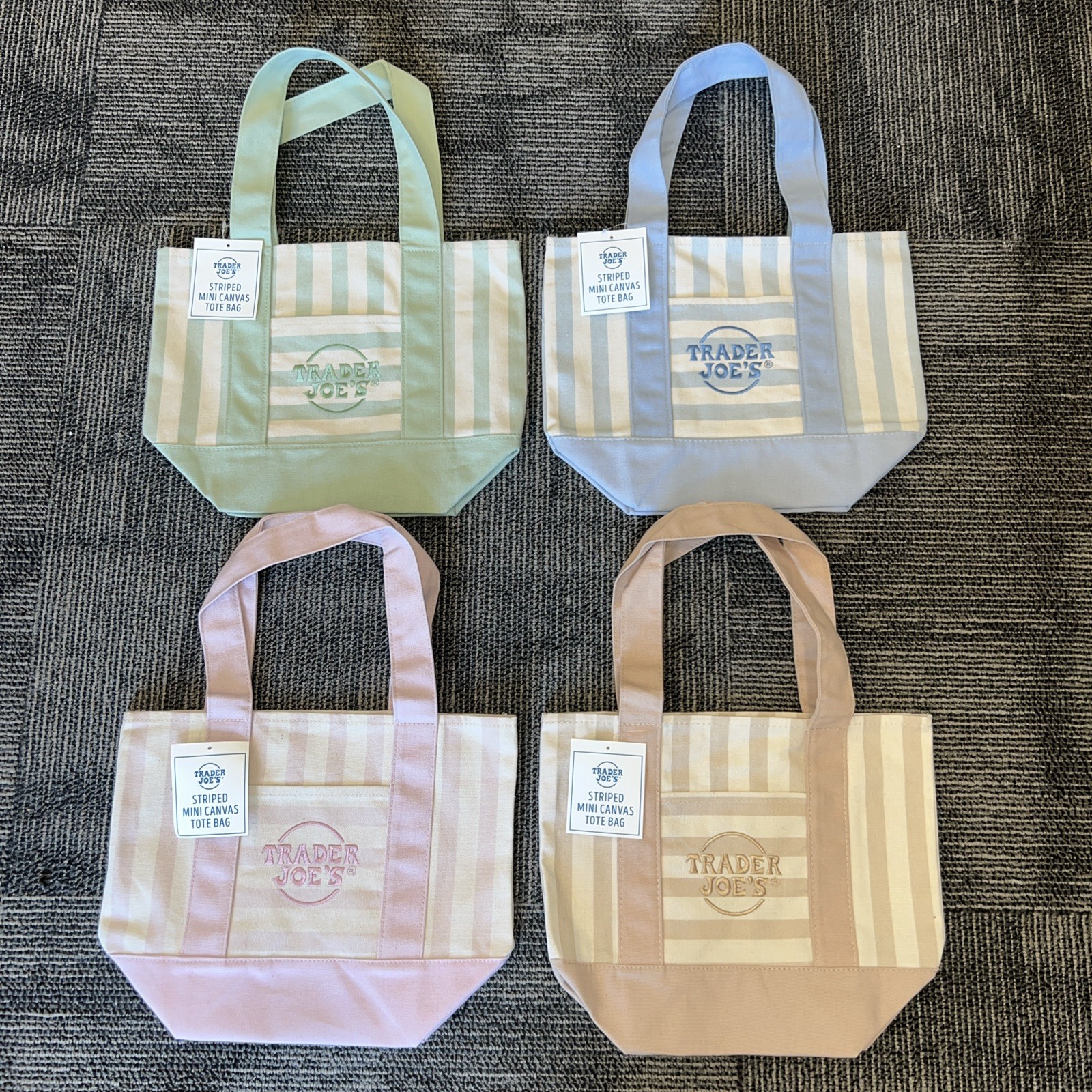 TRADER JOE’S MINI PASTEL STRIPE CANVAS TOTE BAGS SET Of 4 PINK BLUE GREEN BEIGE