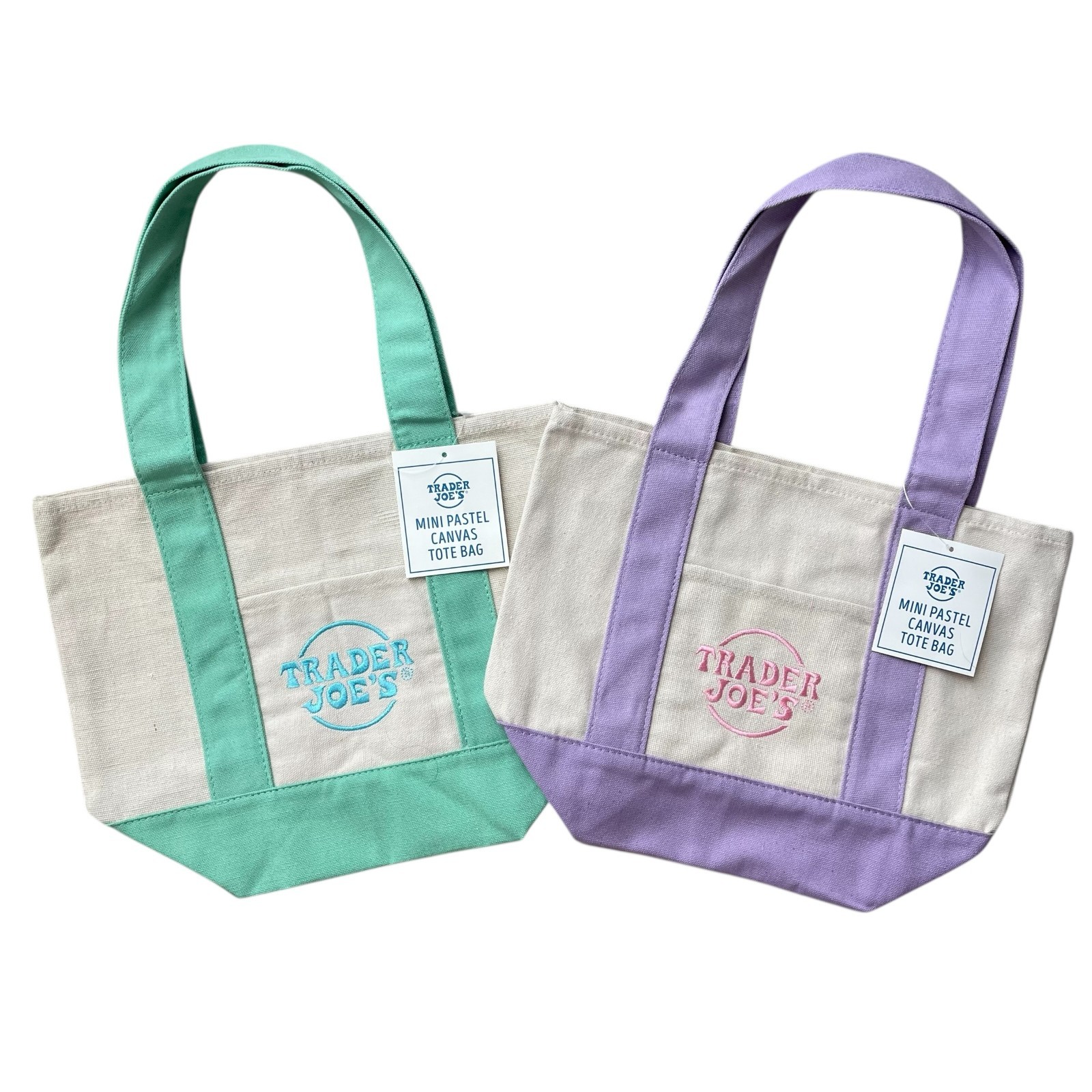 Trader Joe’s Mini Canvas Tote Bag Pastel Purple Green Spring Easter SET of 2 NWT