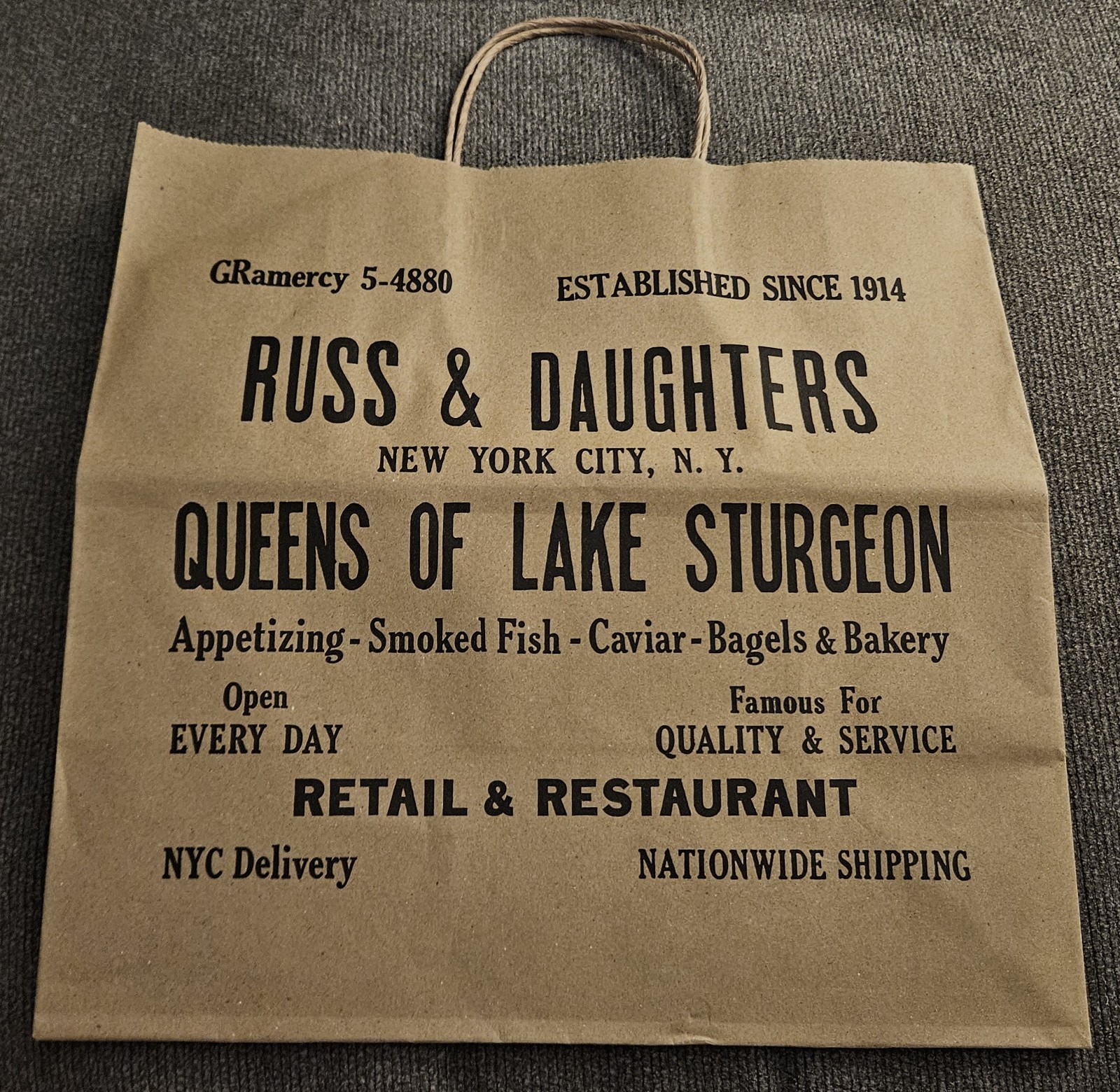Russ & Daughters Brown Paper Tote Shopping Graphic Print Bag New York Bagel RARE