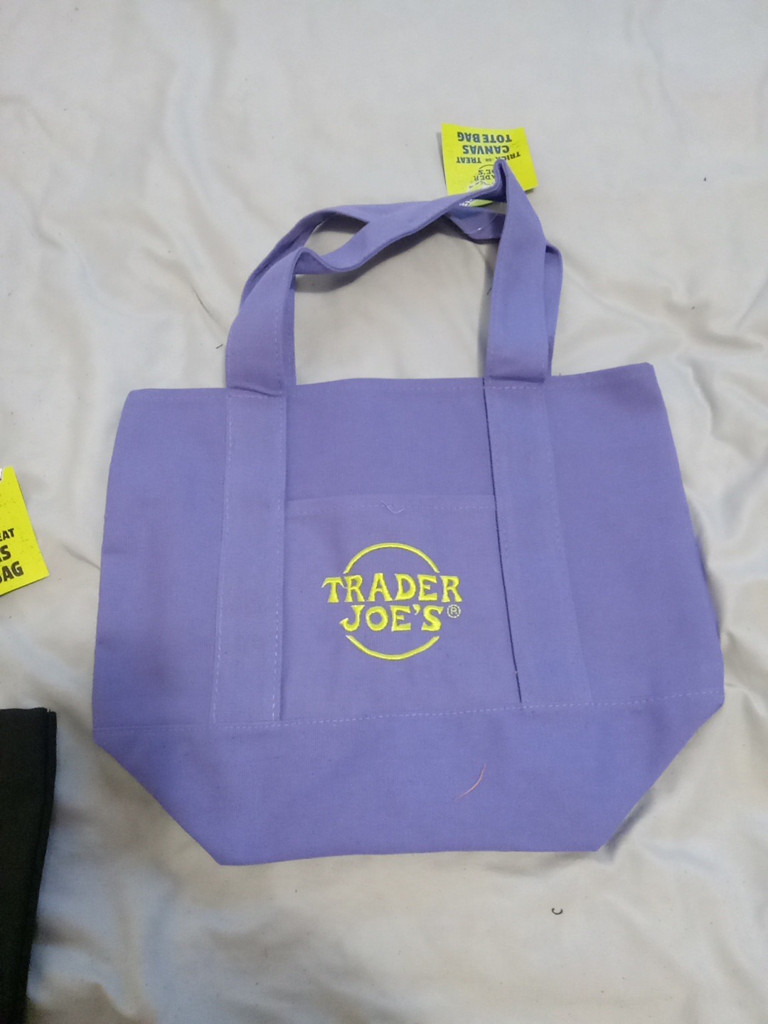 New Trader Joes Mini Canvas Tote Bag 10×13″ Purple With Yellow-Green Lettering