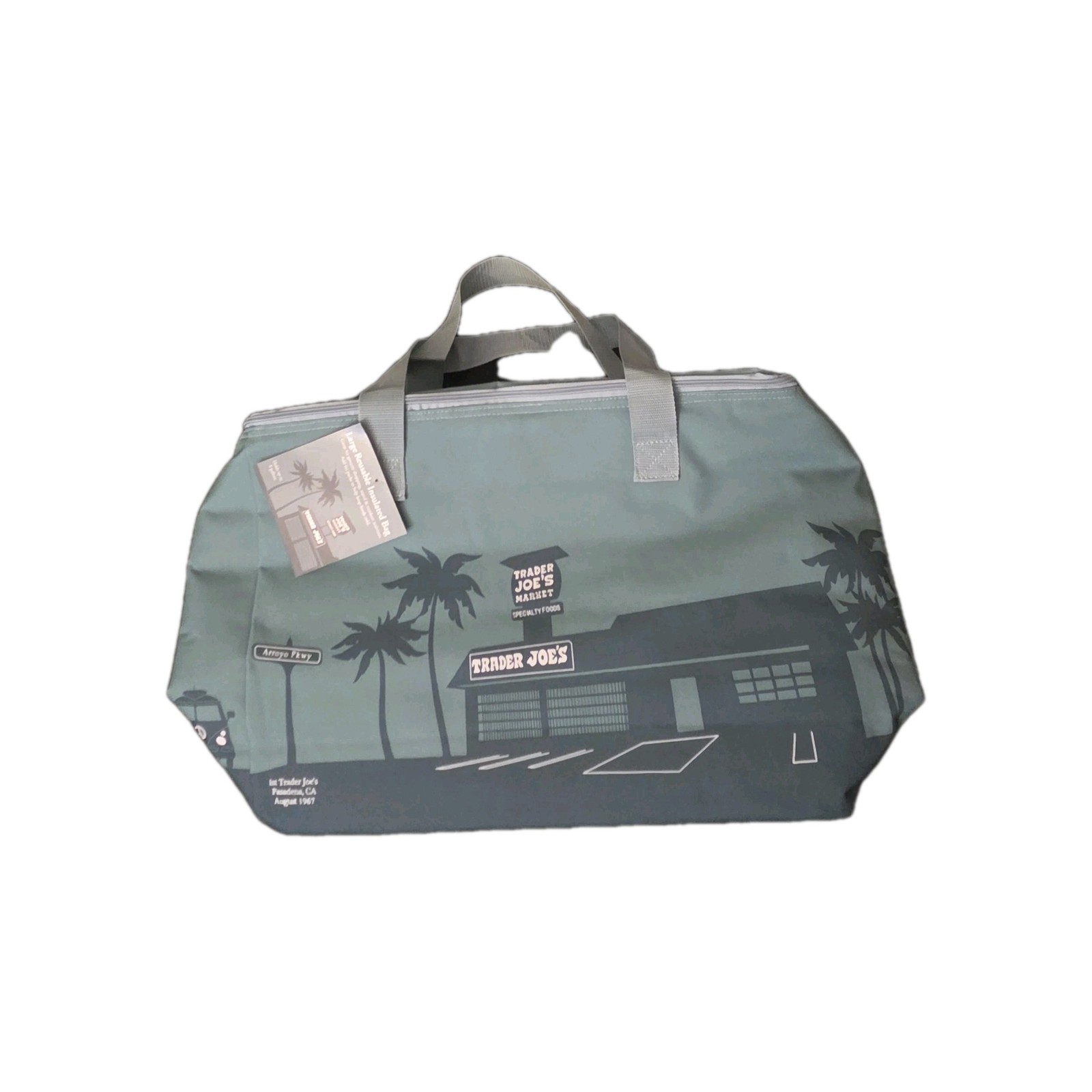 Trader Joe’s Large Green Black Reusable Shopping Bag Zipper Polyester