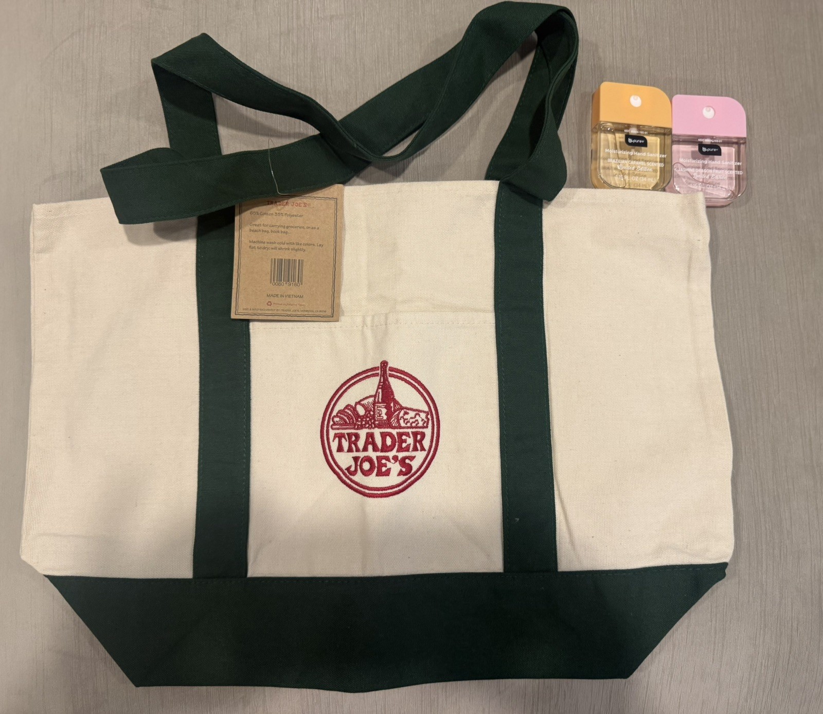 Large Green Trader Joe’s Canvas Tote + FREE Viral B Pure Hand Sanitizers New