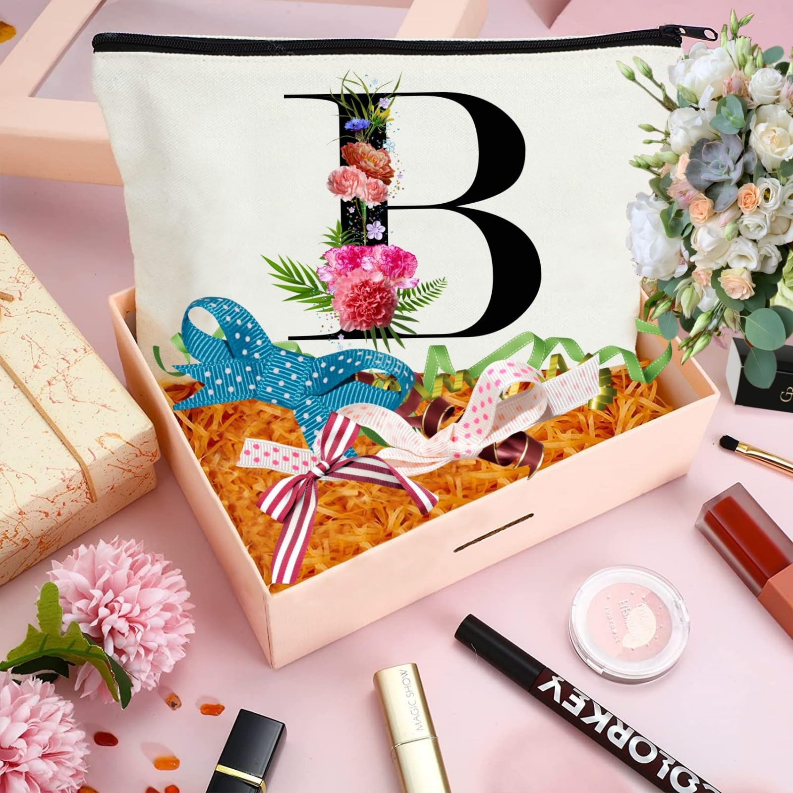 Initial Canvas Tote Bag Floral Letter Personalized Makeup Bag Monogrammed Gif…