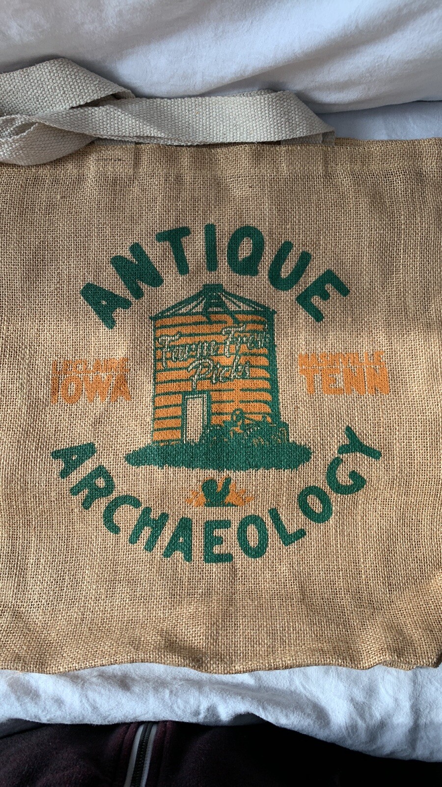 Antique Archaeology Burlap Bag Nashville TN Store Screen Printed Gusset Bot