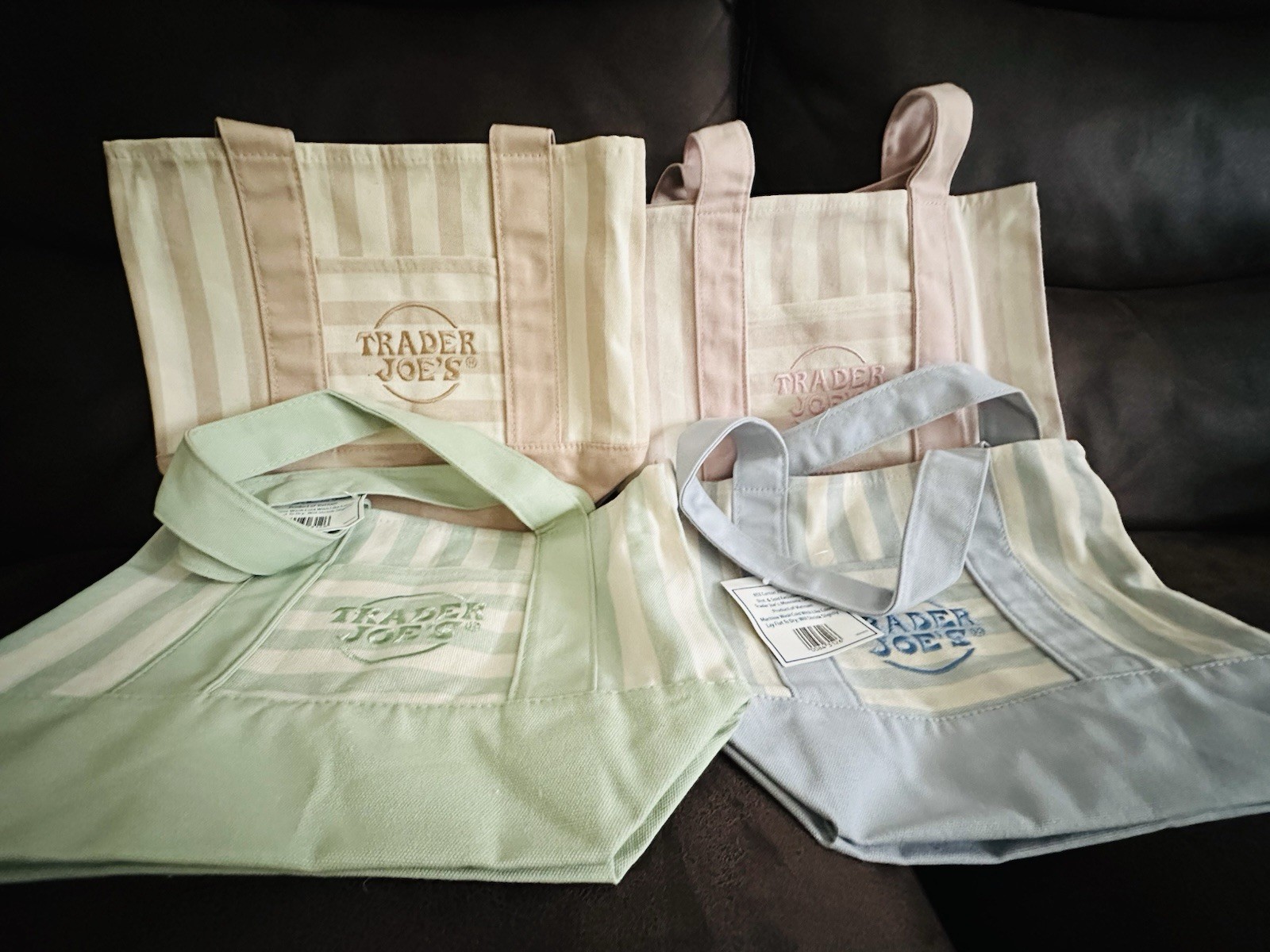 Trader Joe’s Reusable Striped Multicolor Tote Bags 4 Pack Small 11x13x6