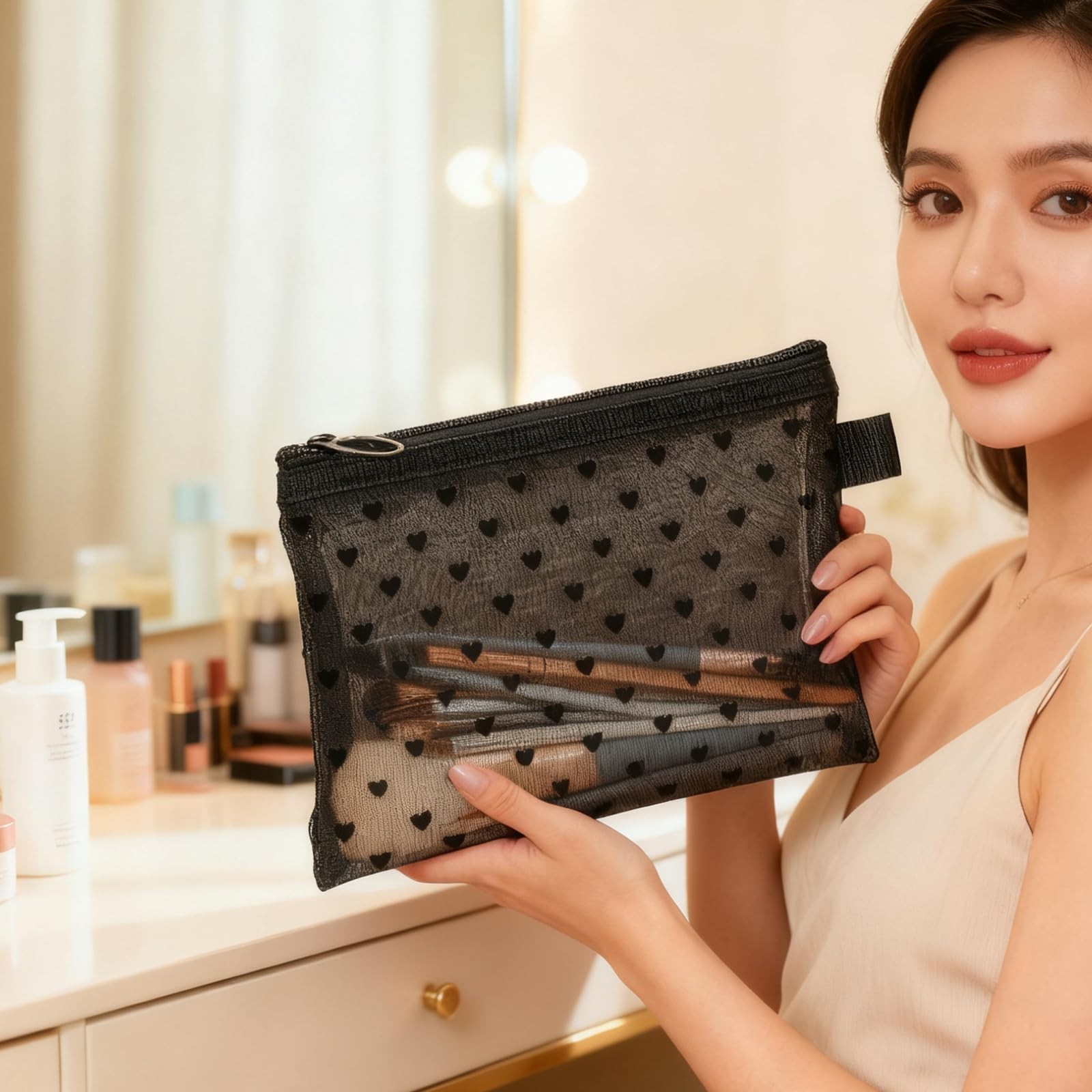 Ymcafmo 6-Piece Heart Printed Mesh Makeup Bag Set – Small Pouches for Black