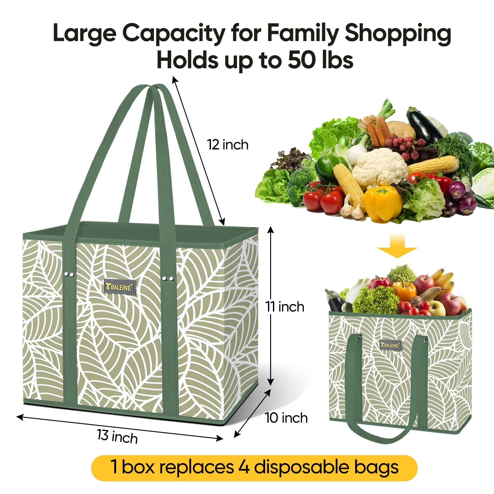 BALEINE 3Pk Reusable Grocery Bags, Foldable Shopping Bags for Groceries with …