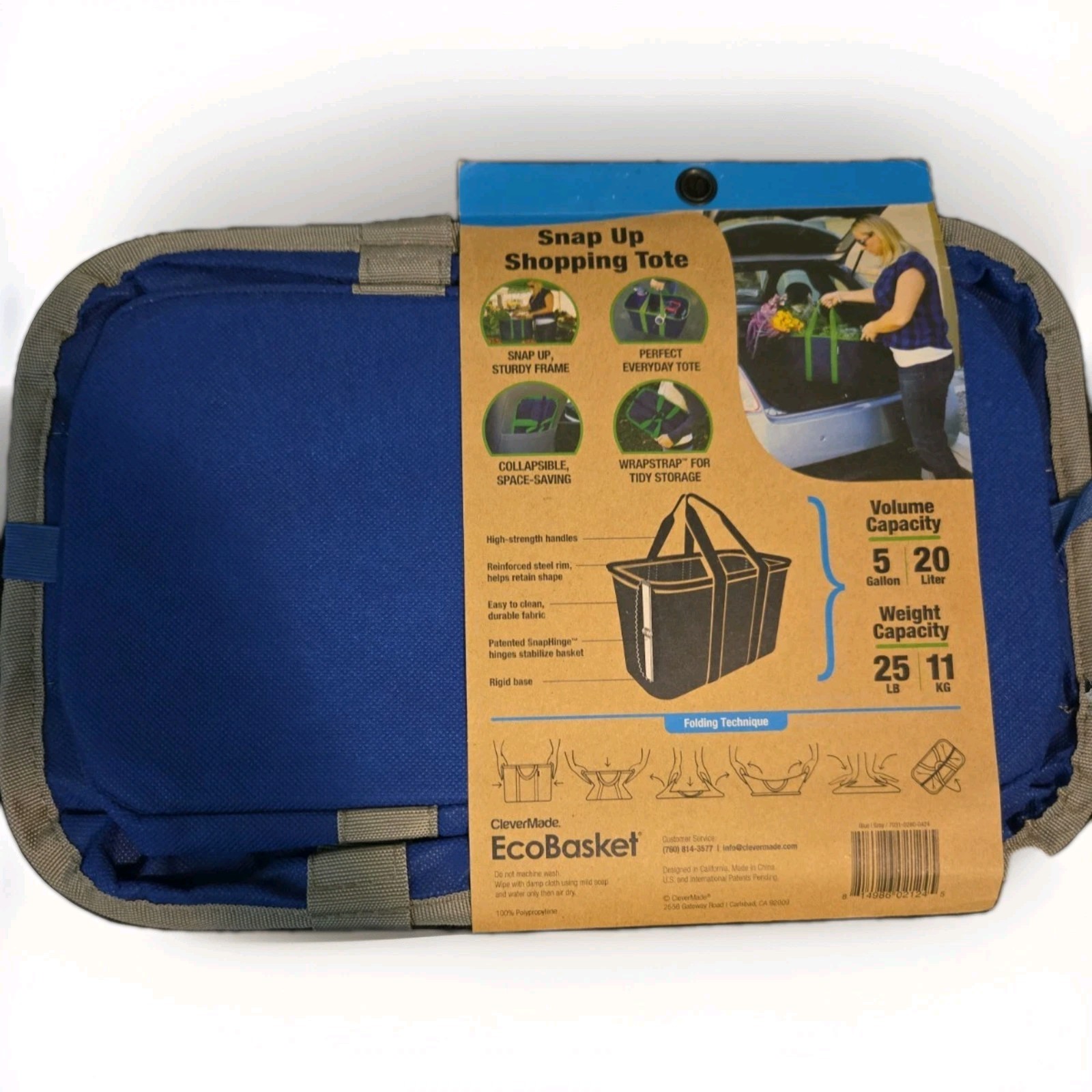 CleverMade Collapsible Tote Basket 5 Gal / 25 Lbs EcoBasket Blue & Gray 11.25” H