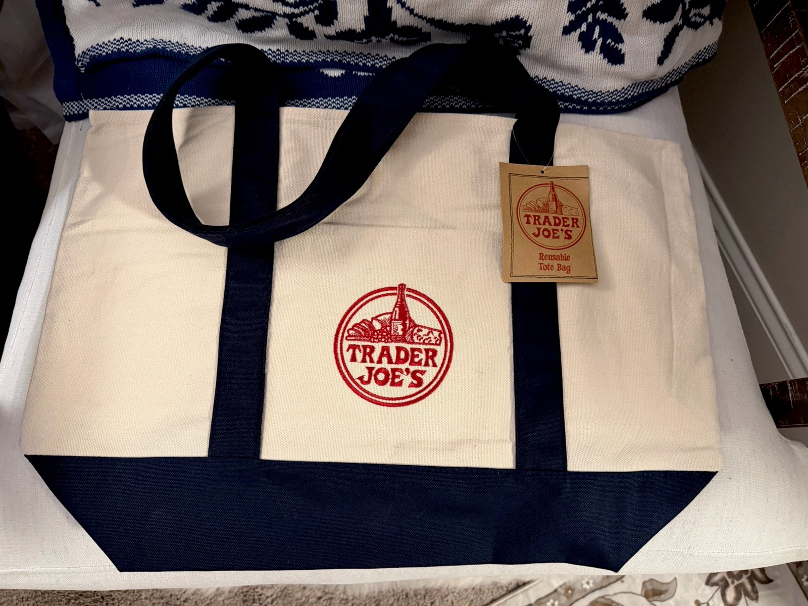 Trader Joe’s Large Tote Bag , Beige Navy Blue – Cotton Blend **AUTHENTIC**