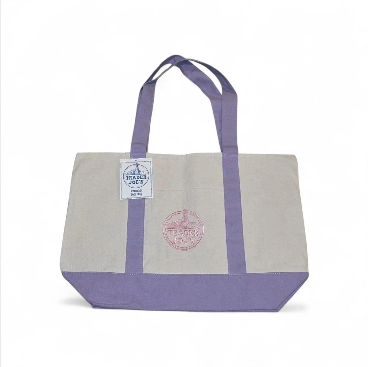 Trader Joe’s LARGE Reusable Heavy Canvas Shopping Bag, Off White & Lavender