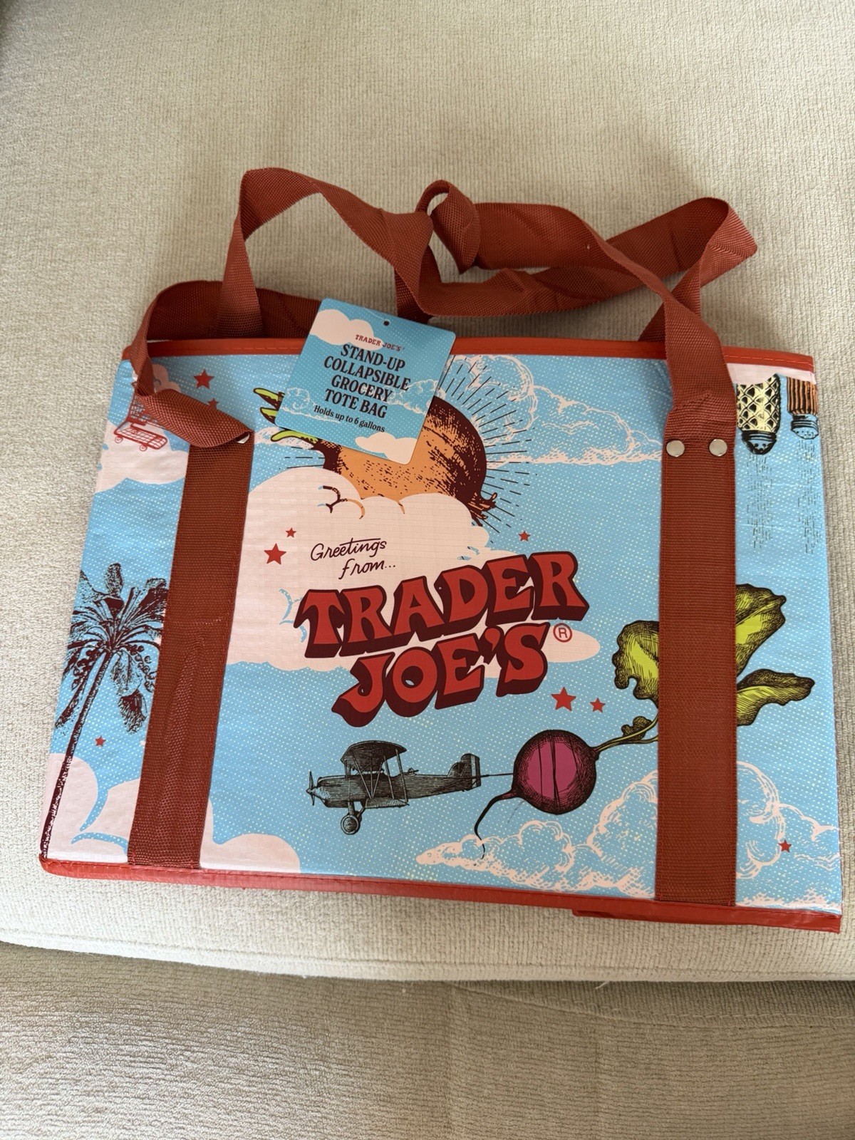 Brand New Trader Joe’s Stand-Up Collapsible Tote Bag Moon & Sky Holds 6 Gallons