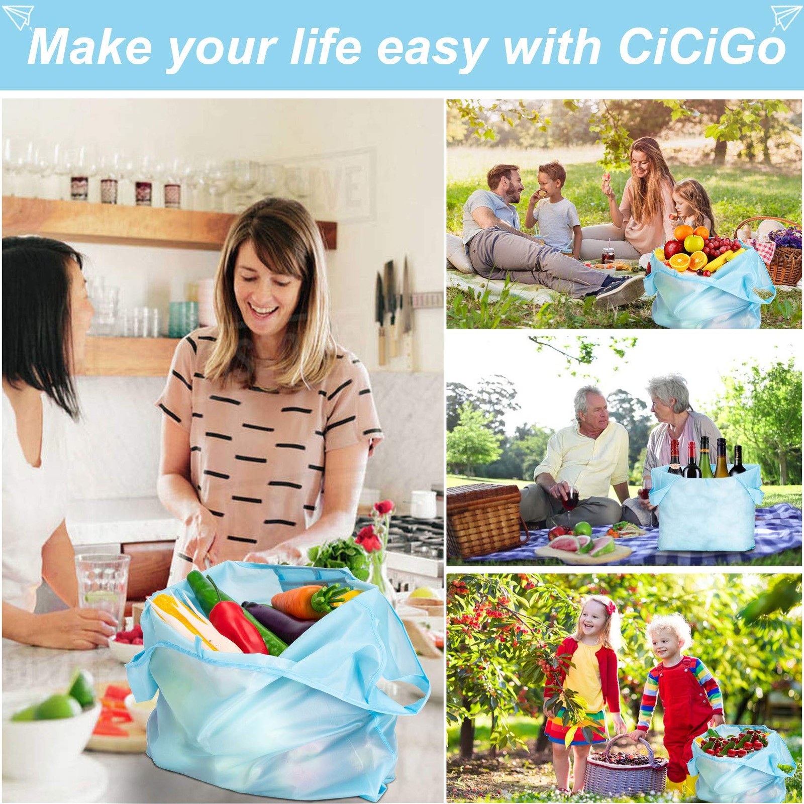 CiCiGo Large Reusable Bags Shopping Washable Foldable 6 Pack Large, Color