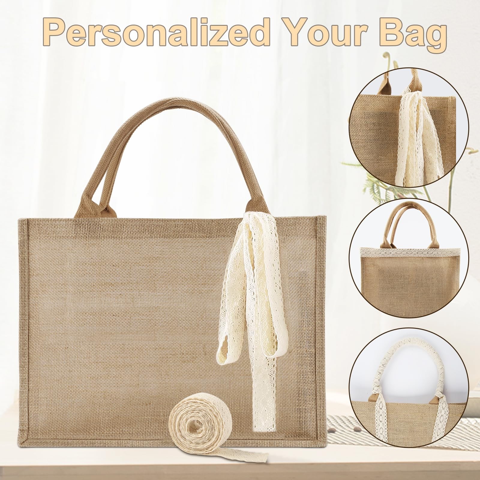 10 Pack Large Burlap Tote Bags Bulk, Reusable Jute Tote Bag with 10Yd Ribbon …