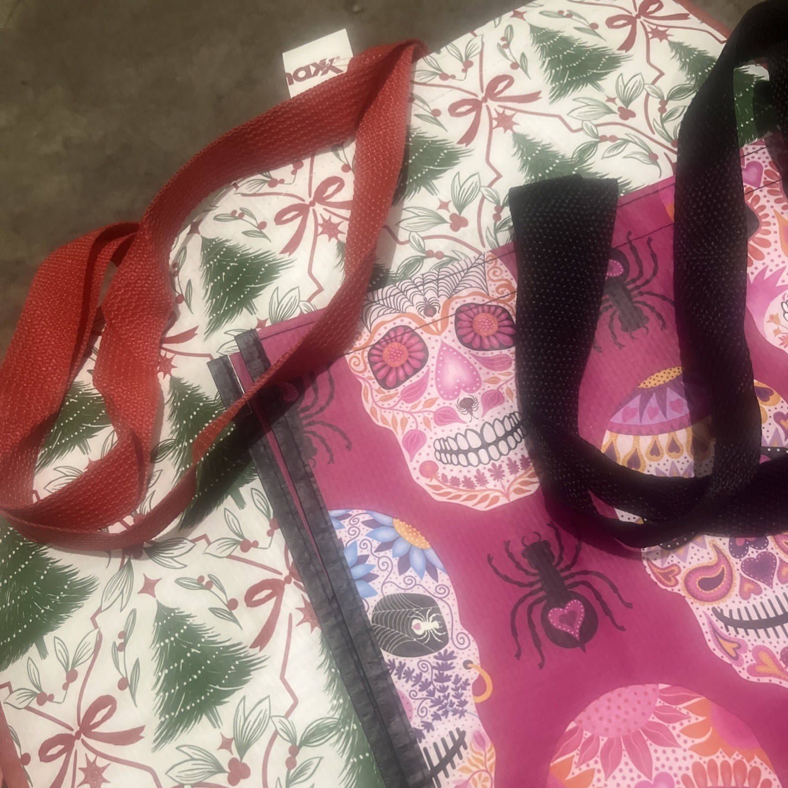 Lot Of 2 TJ MAXX REUSABLE SHOPPING TRAVEL TOTE BAGS Sugar Skull Christmas Tree