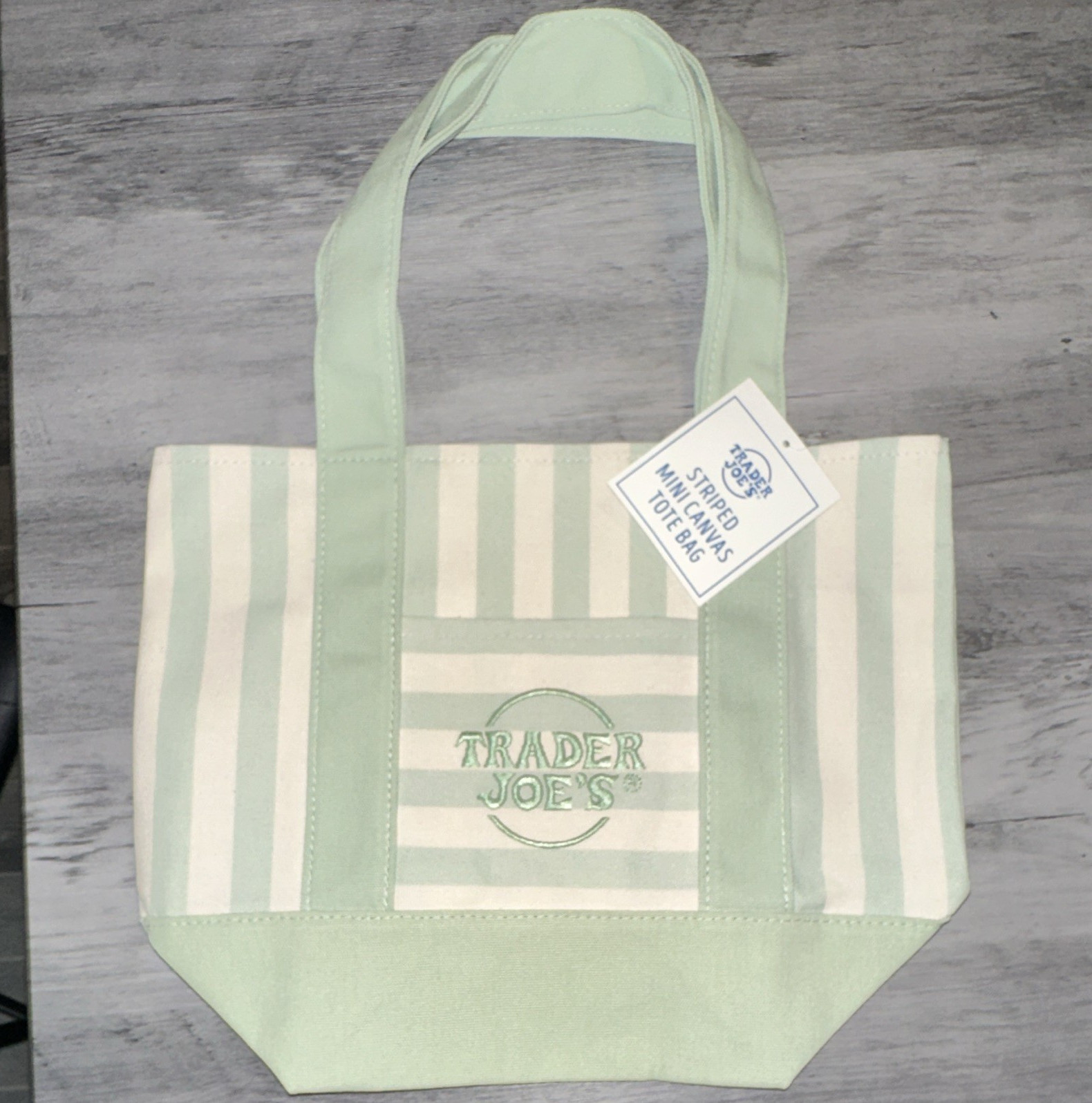 NEW Trader Joe’s Green & White Striped Canvas Tote Bag Small Reusable 13x6x11in