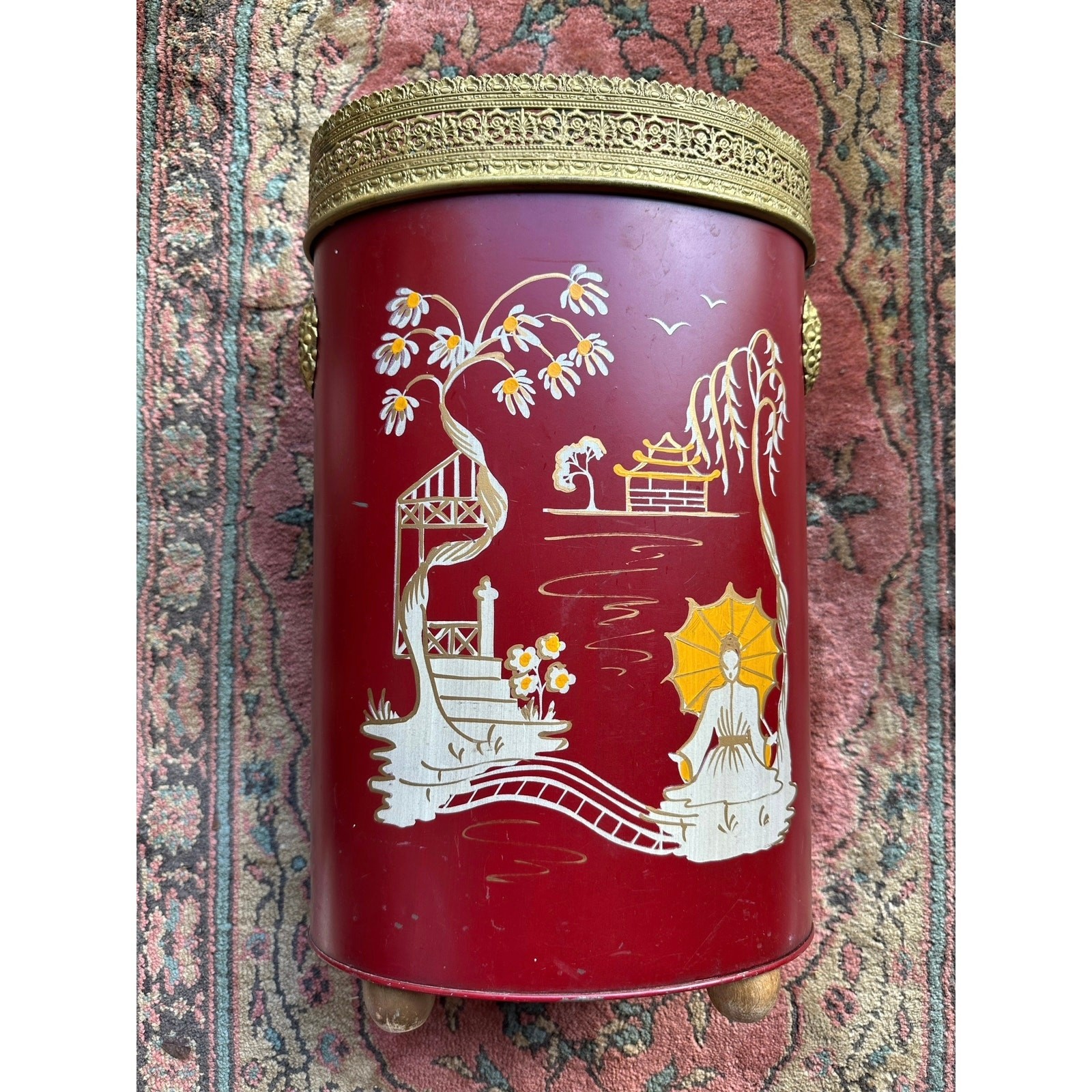 Vintage Hand Painted Trash Can Metal pagoda Chinoiserie tole burgundy red gold