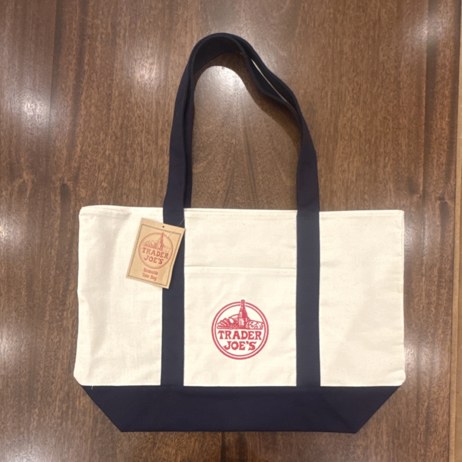 Trader Joe’s Reusable Foldable Tote Bag Cotton Polyester Beige Navy Blue