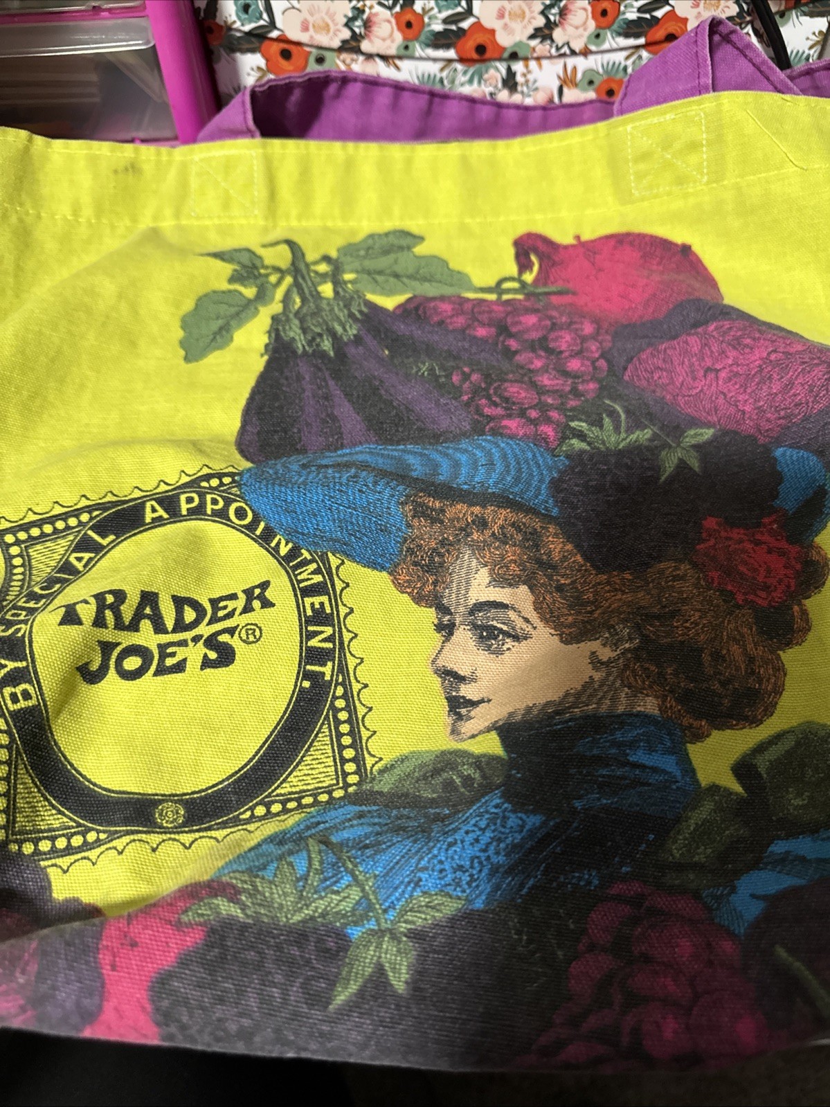 Trader Joe’s By Special Appointment Green Tote Reusable Bag Woman Fruit USA