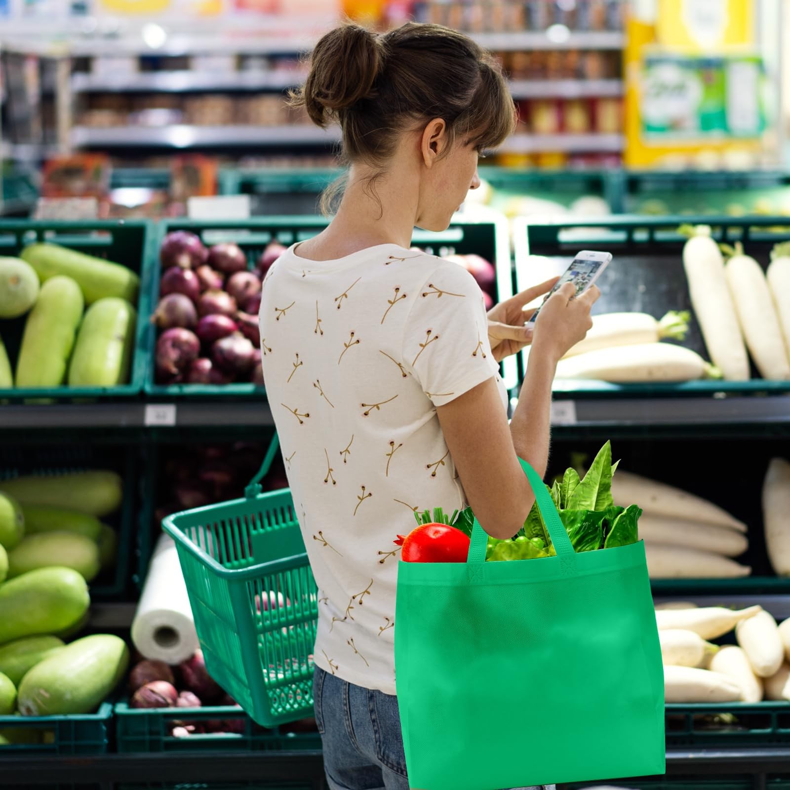 Reginary 100 PCS Reusable Totes Bags – Non Woven Grocery Handle Bags for Shop…