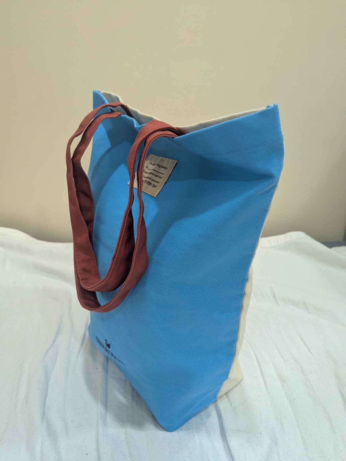 Swarovski Reusable Tote Bag Blue Beige Red Graphic Print 15x14x4 in