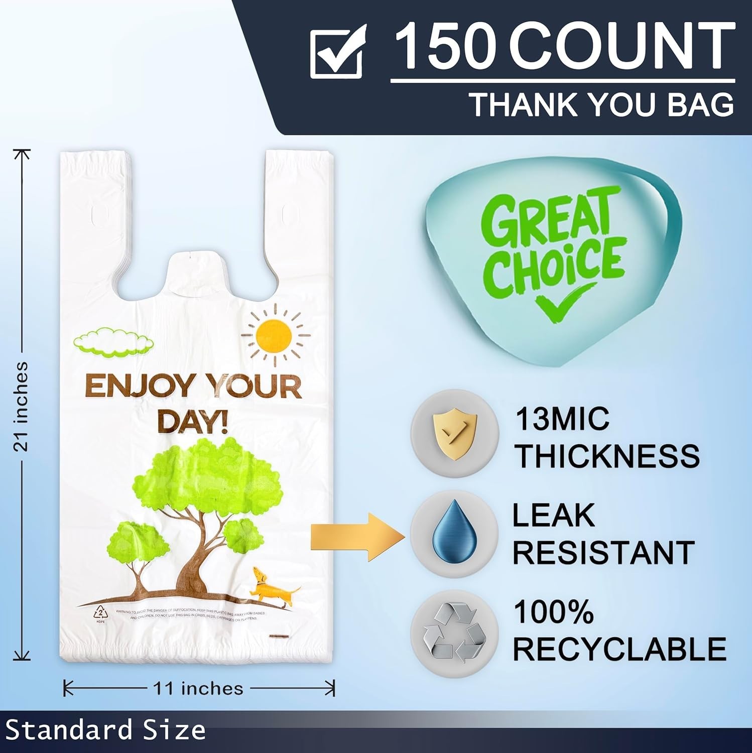 High-Density White Thank You Shopping Bags – 11”x6”x21” – 150 Bulk Pack