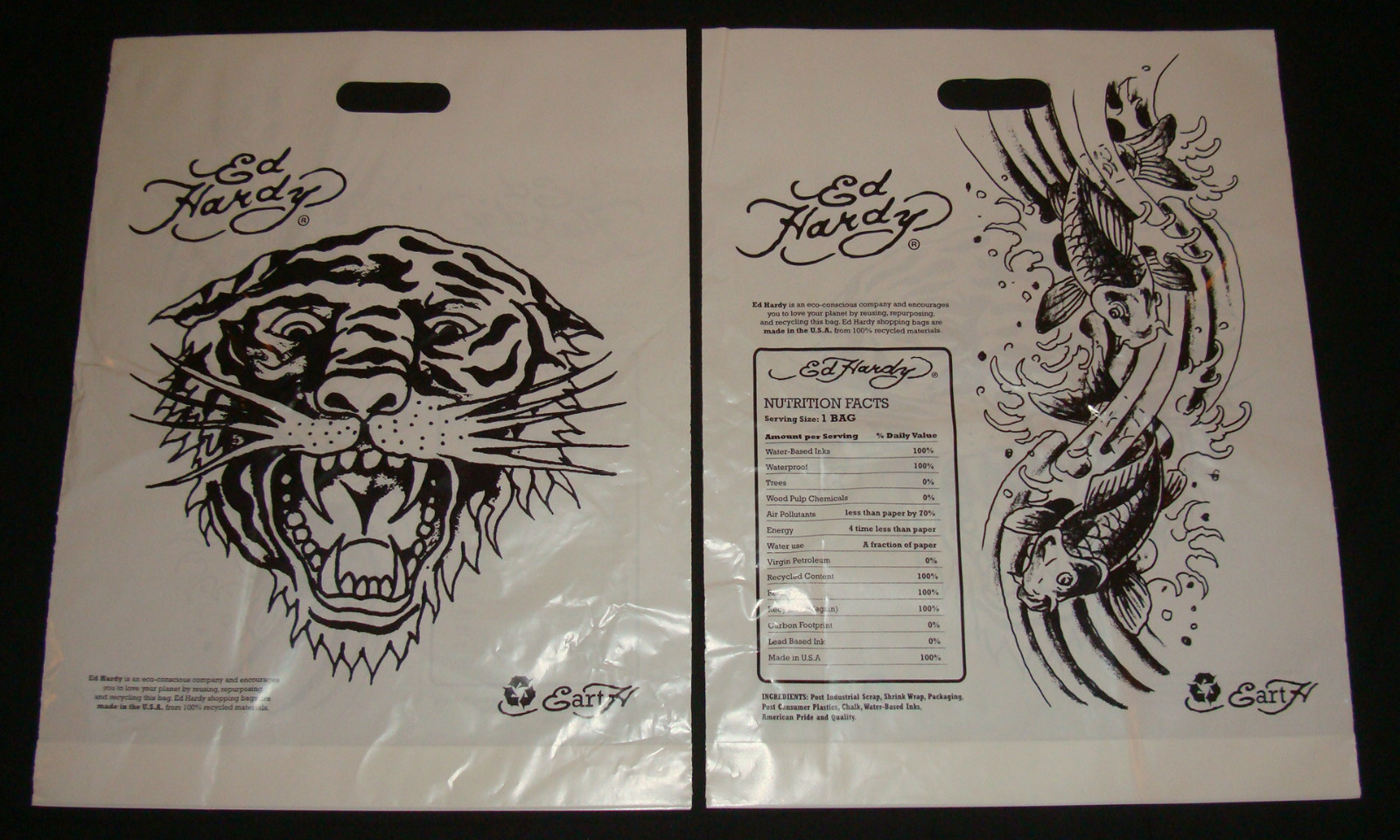 ED HARDY TIGER & FISH Artwork Print POSTER Shopping Bag Black White Tattoo Art