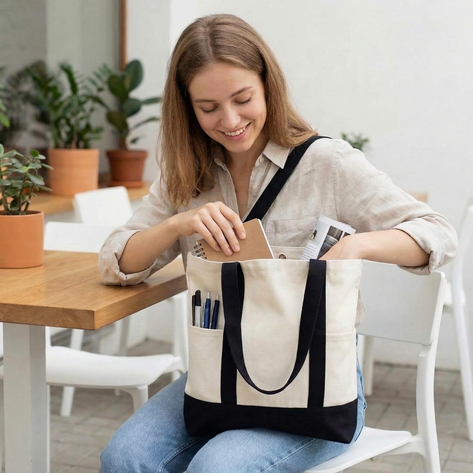 8 Pcs 13 x 11 in Canvas Tote Bags with 2 Pocket, Zipper Totes Reusable Blank …
