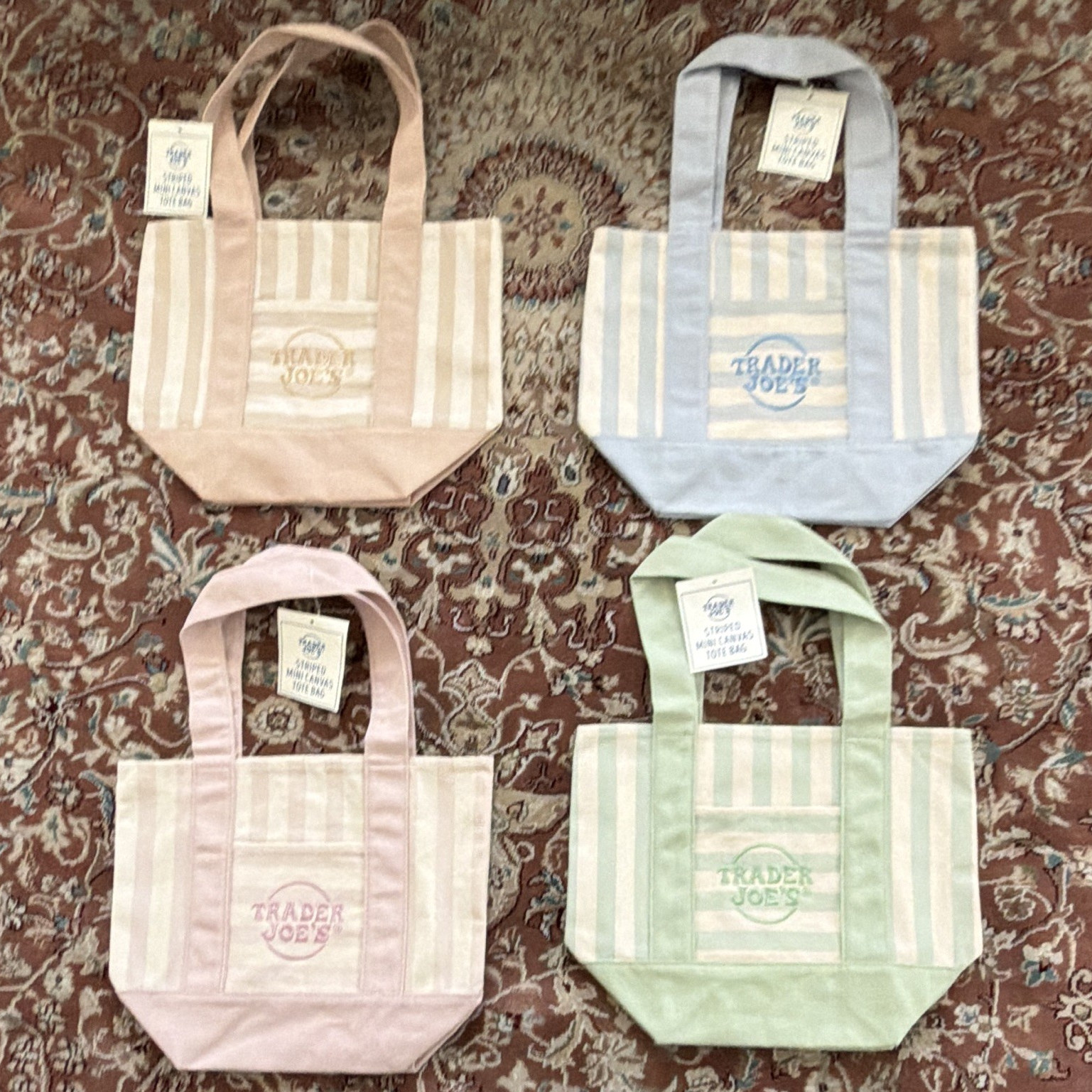 Trader Joe’s Striped Mini Canvas Tote Bags 4-Pack Reusable 13x11x6 SKU84312