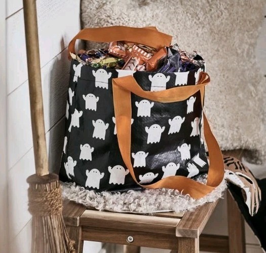 IKEA Halloween Ghost Black White Orange Reusable Shopping Tote Bag 10x10x4 NWT